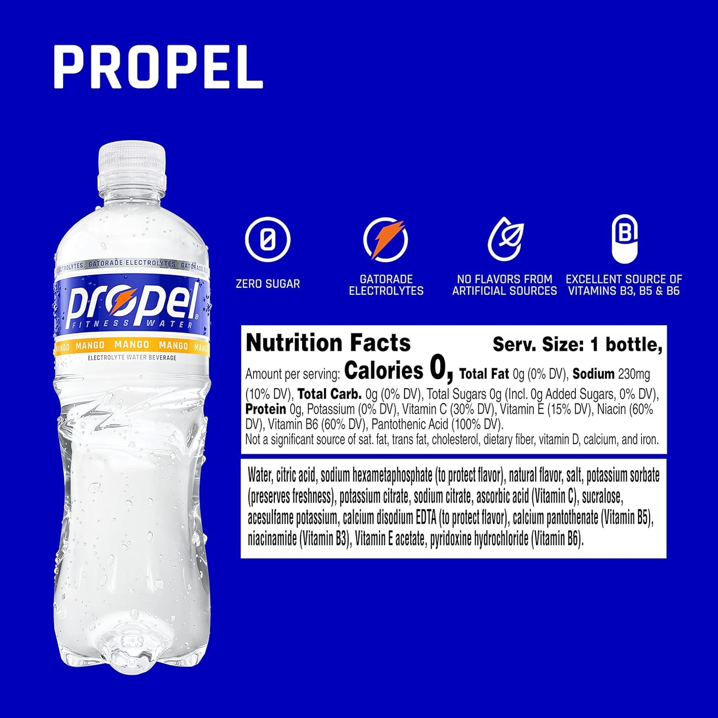 Propel Mango Zero Calorie Water Beverage with Electrolytes & Vitamins C&E - 16.9 Fl Oz (12 Pack)