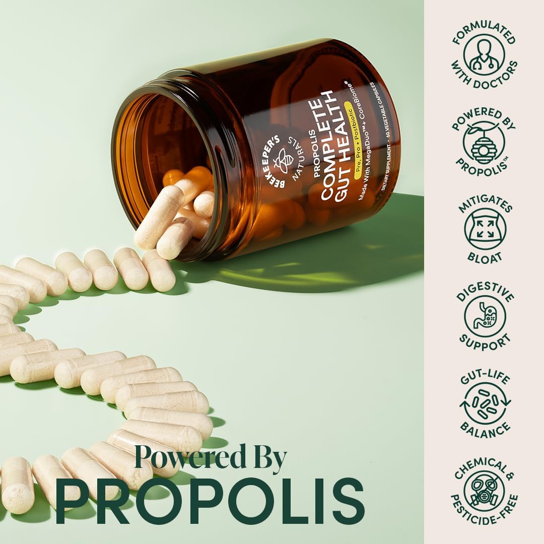 Propolis Powered Complete Gut Health Capsules for Digestive Health & Bloating Relief - 60ct Vegan Prebiotic, Postbiotic, Probiotic Supplement - BoostGo Australia