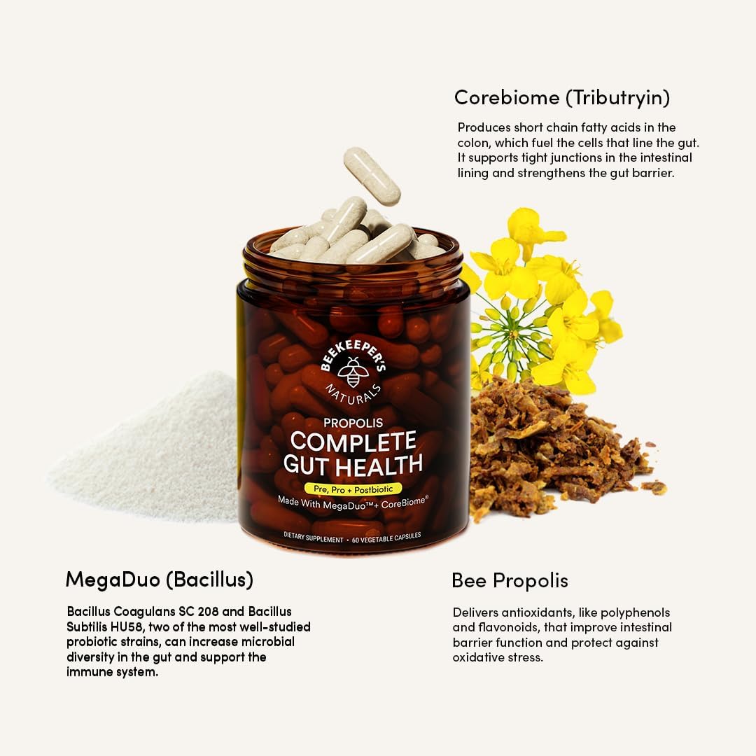 Propolis Powered Complete Gut Health Capsules for Digestive Health & Bloating Relief - 60ct Vegan Prebiotic, Postbiotic, Probiotic Supplement - BoostGo Australia