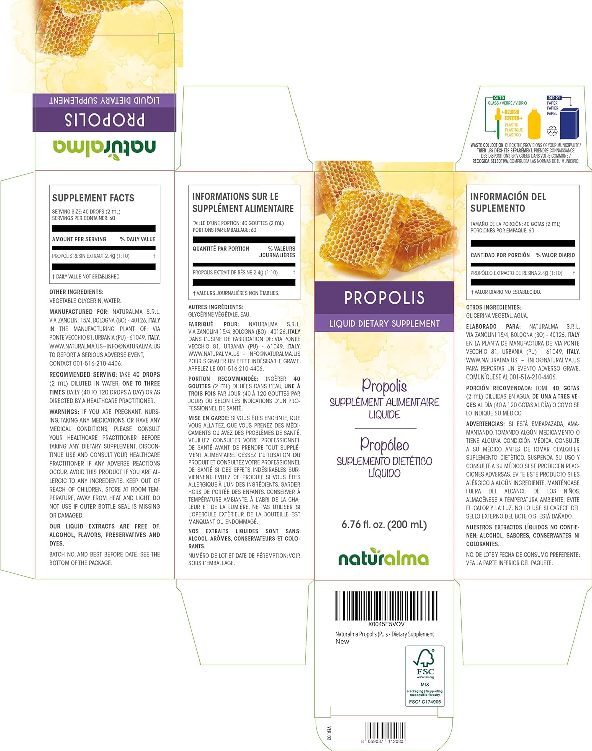 Propolis Resin Alcohol-Free Tincture - 6.76 fl oz Liquid Extract Drops - Natural Dietary Supplement
