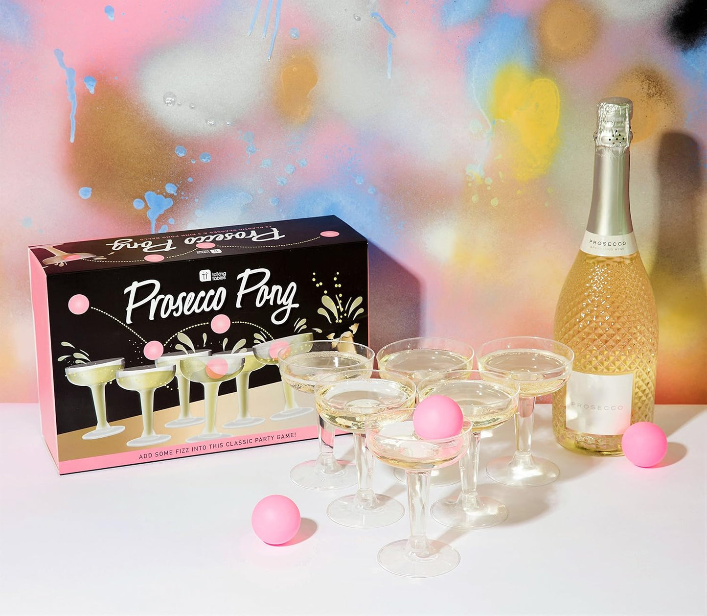 Prosecco Pong Drinking Game Set with Balls - Perfect for Bachelorette, Girls Night, Birthday, Bridal Shower, NYE, Christmas - Includes 12 Glasses
