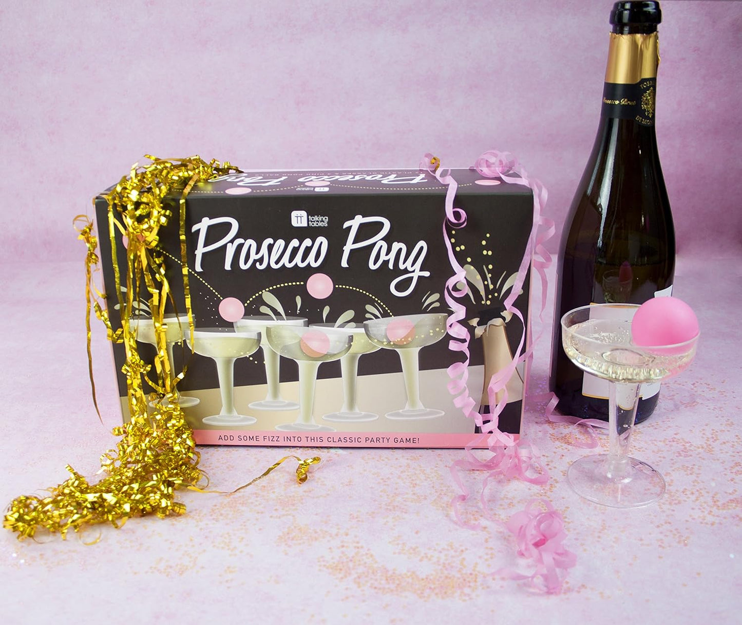 Prosecco Pong Drinking Game Set with Balls - Perfect for Bachelorette, Girls Night, Birthday, Bridal Shower, NYE, Christmas - Includes 12 Glasses