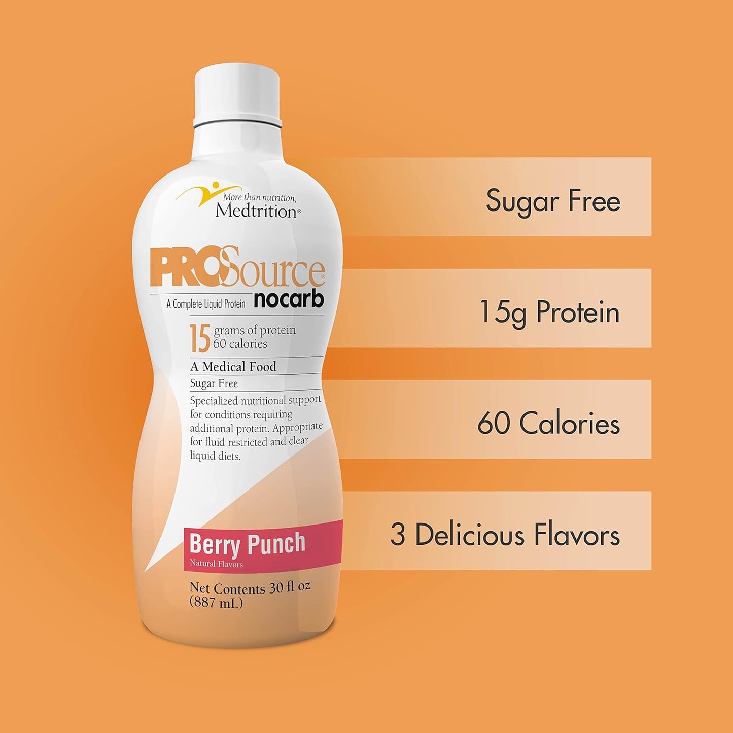 Prosource NoCarb Berry Punch Liquid Collagen Peptides with 15g Protein per Ounce - Type I, III - Medtrition Bottle