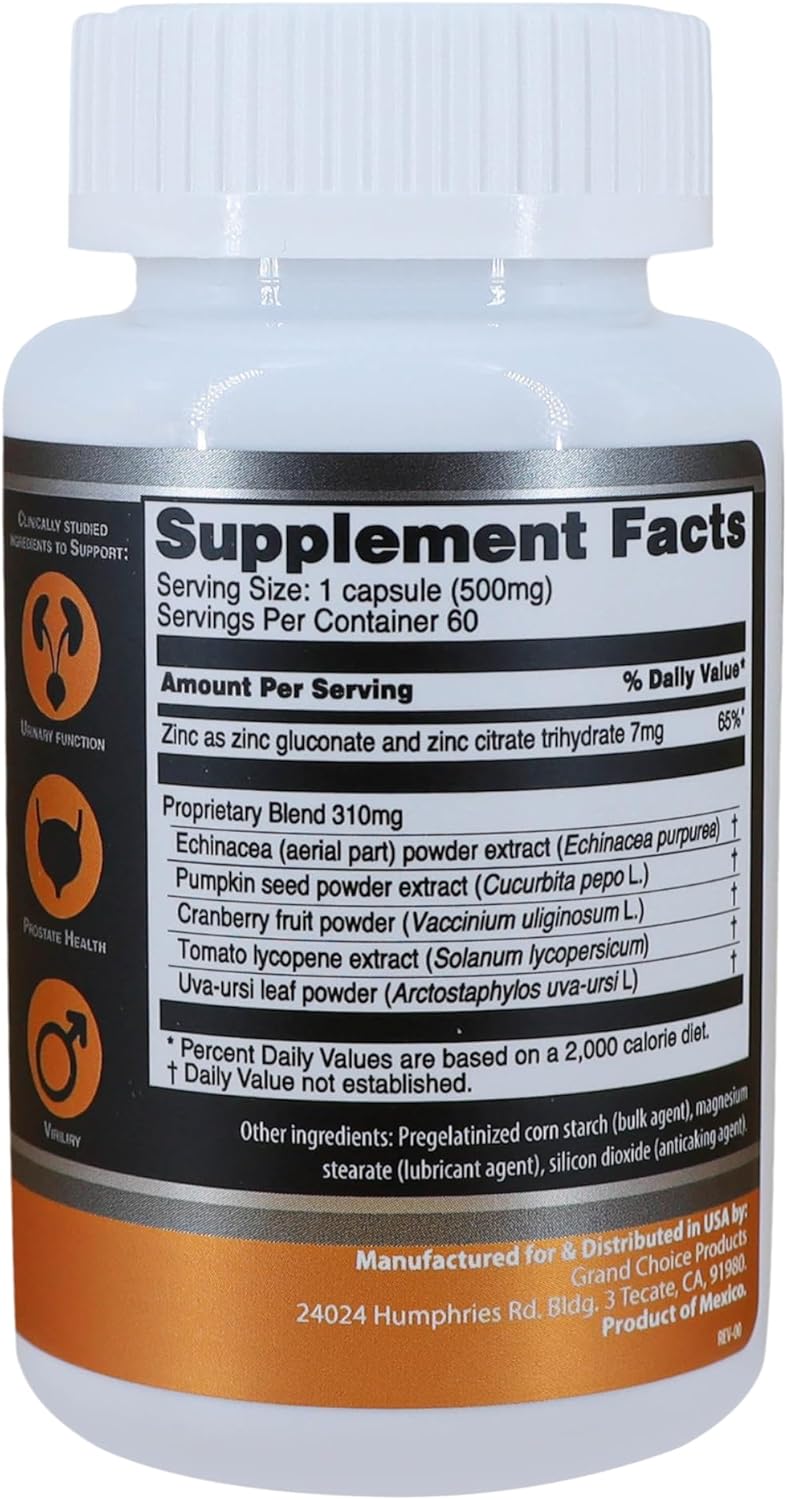 Prostate Health Support Complex - 500mg Capsules with Pumpkin Seed Extract, Cranberry, Zinc & More - 60 Count