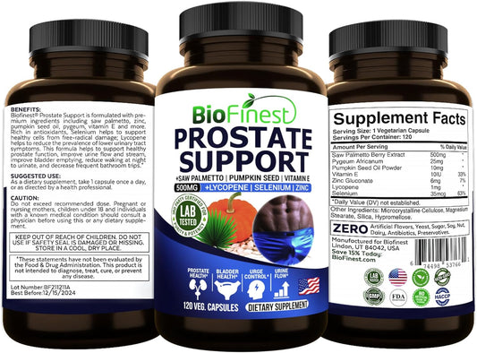 Prostate Support Supplement for Men - Saw Palmetto, Lycopene, Pumpkin Seed, Pygeum, Zinc, Selenium - Promotes Healthy Bladder and Prostate Function - 120 Veg Capsules - Made in USA
