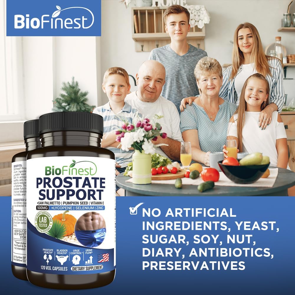Prostate Support Supplement for Men - Saw Palmetto, Lycopene, Pumpkin Seed, Pygeum, Zinc, Selenium - Promotes Healthy Bladder and Prostate Function - 120 Veg Capsules - Made in USA
