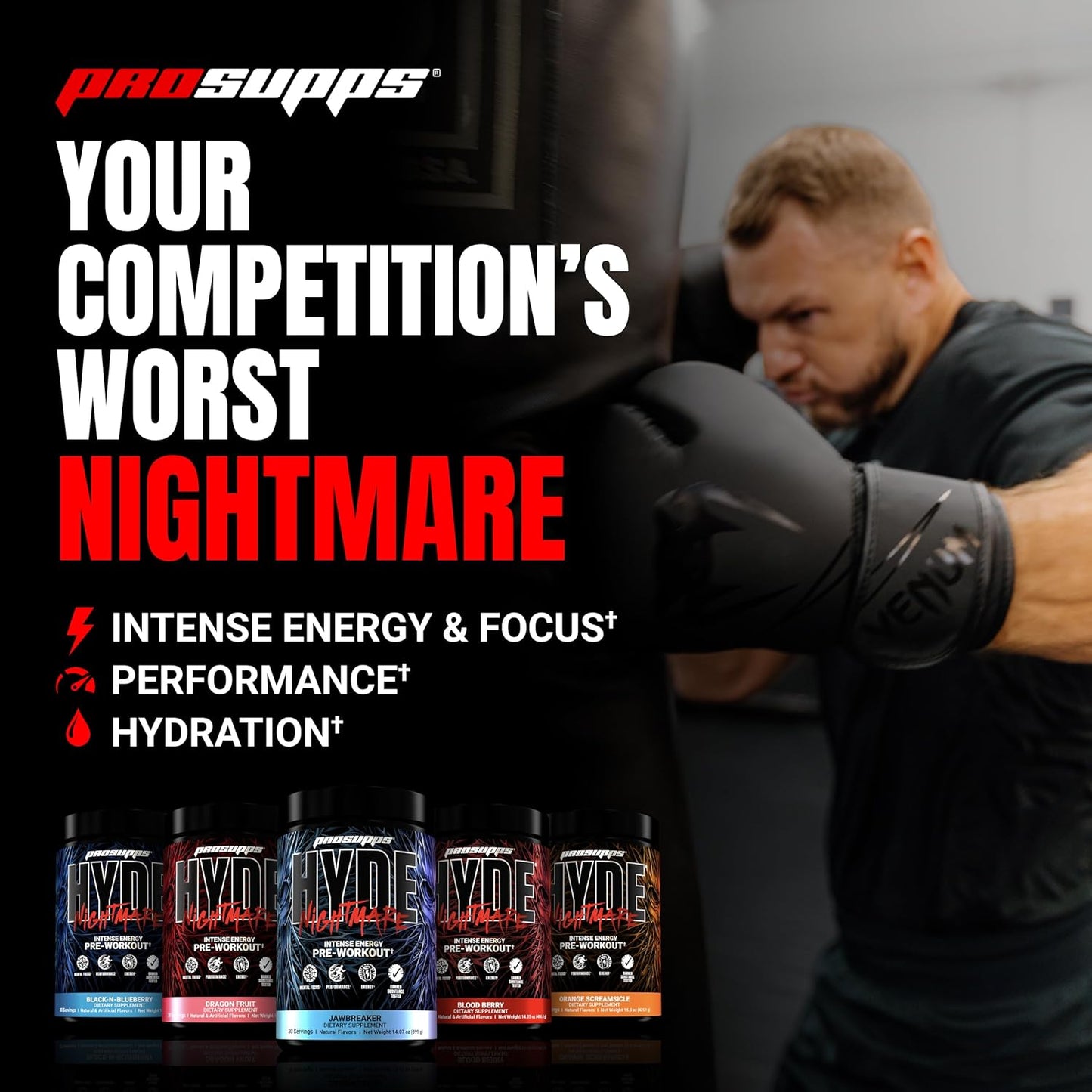 PROSUPPS Hyde Nightmare Pre-Workout Powder Energy Drink - Citrulline, Beta Alanine, Nootropics - 30 Servings, Black N' Blueberry Flavor