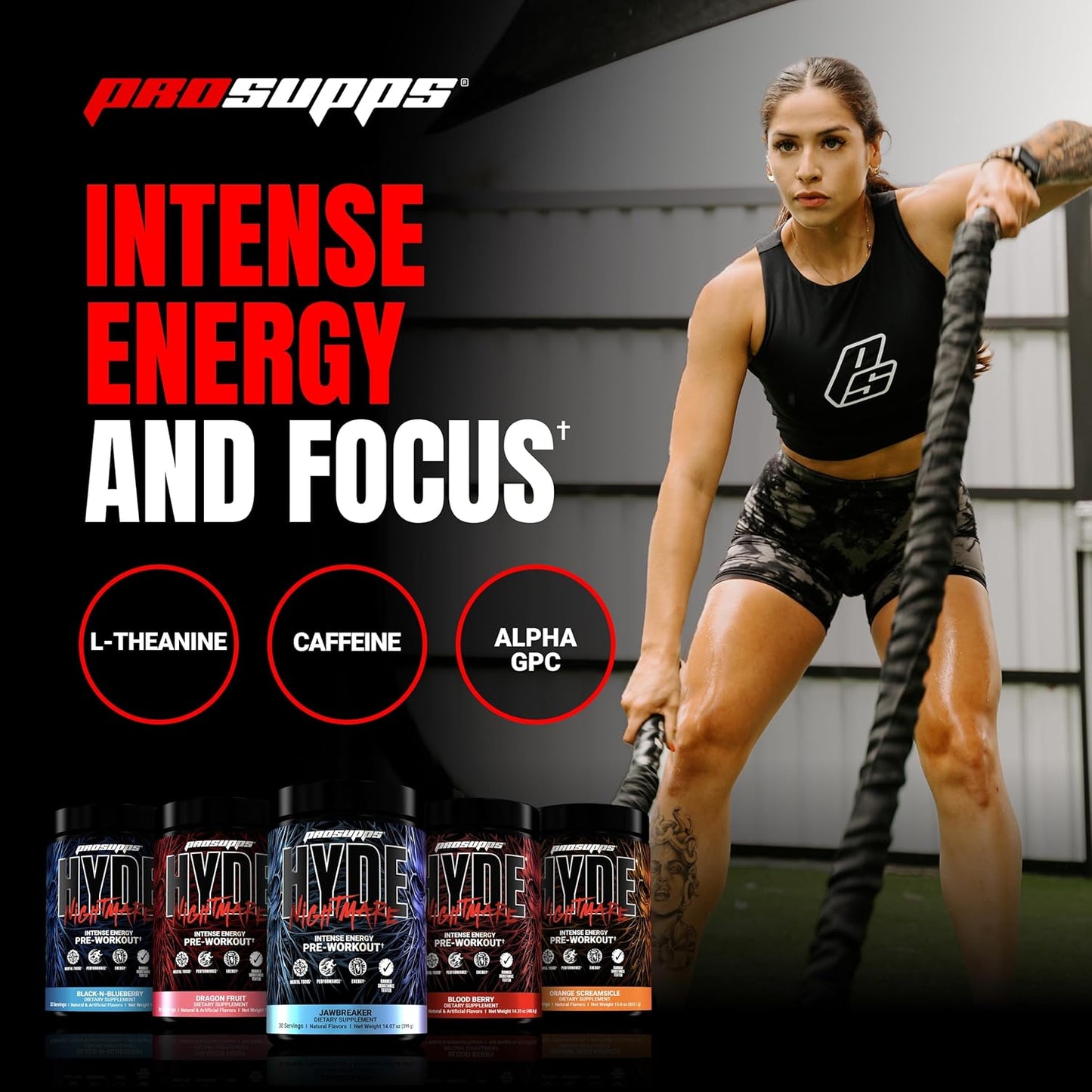 PROSUPPS Hyde Nightmare Pre-Workout Powder Energy Drink - Citrulline, Beta Alanine, Nootropics - 30 Servings, Black N' Blueberry Flavor