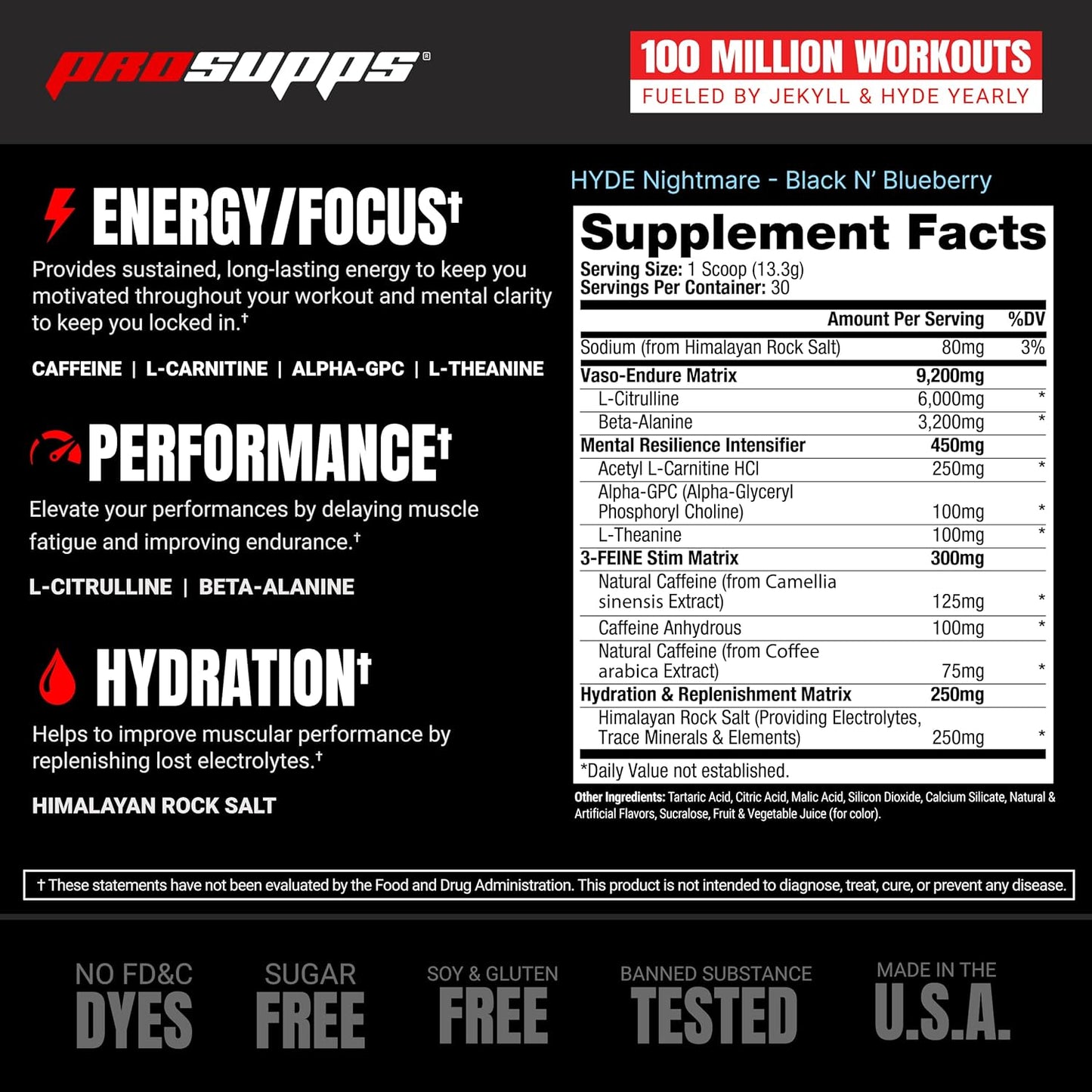 PROSUPPS Hyde Nightmare Pre-Workout Powder Energy Drink - Citrulline, Beta Alanine, Nootropics - 30 Servings, Black N' Blueberry Flavor