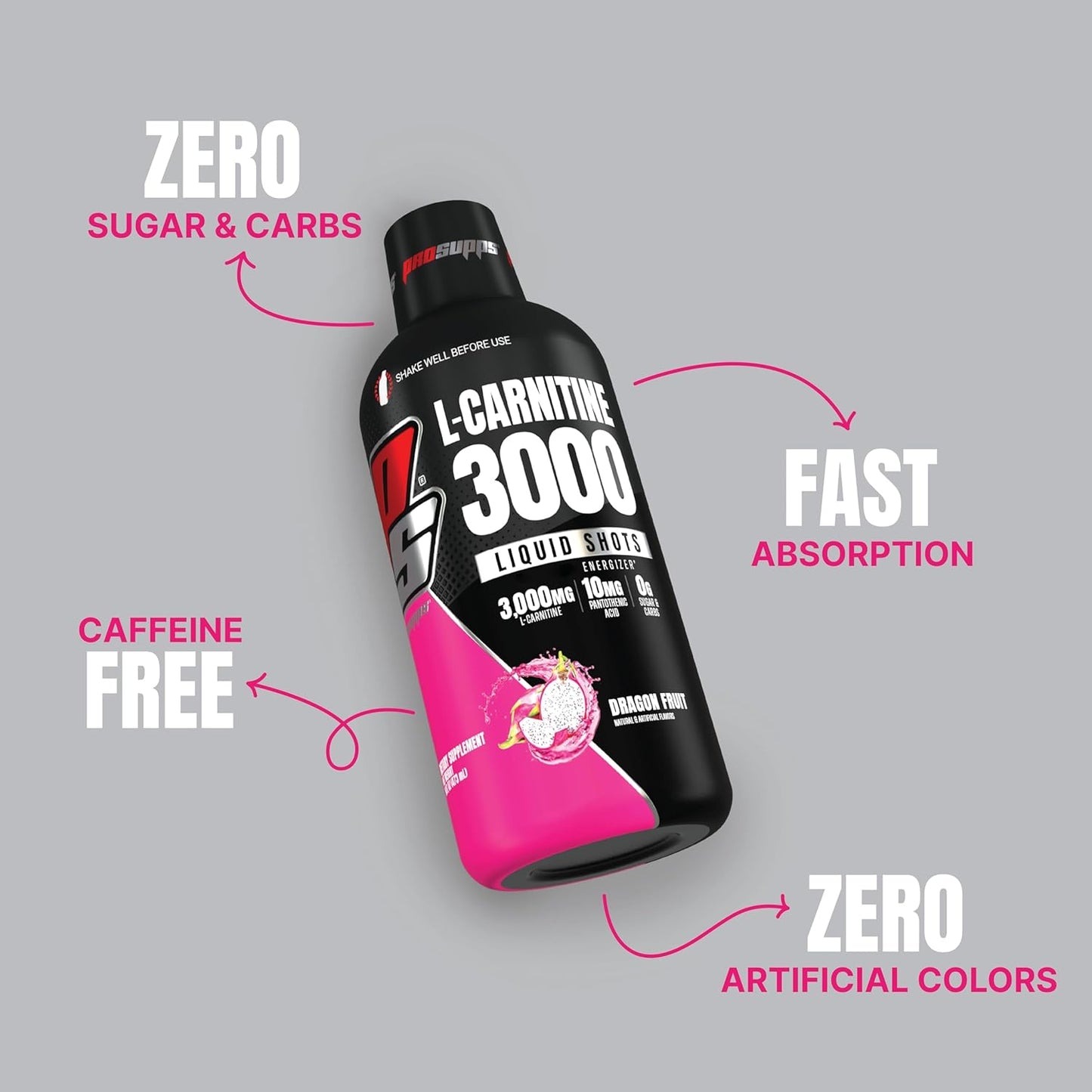PROSUPPS L-Carnitine Liquid Shots - Stimulant-Free Workout Drink for Men & Women - Muscle Recovery & Performance - Clean Energy with No Sugar or Carbs (31 Servings, 3000 Dragon Fruit)
