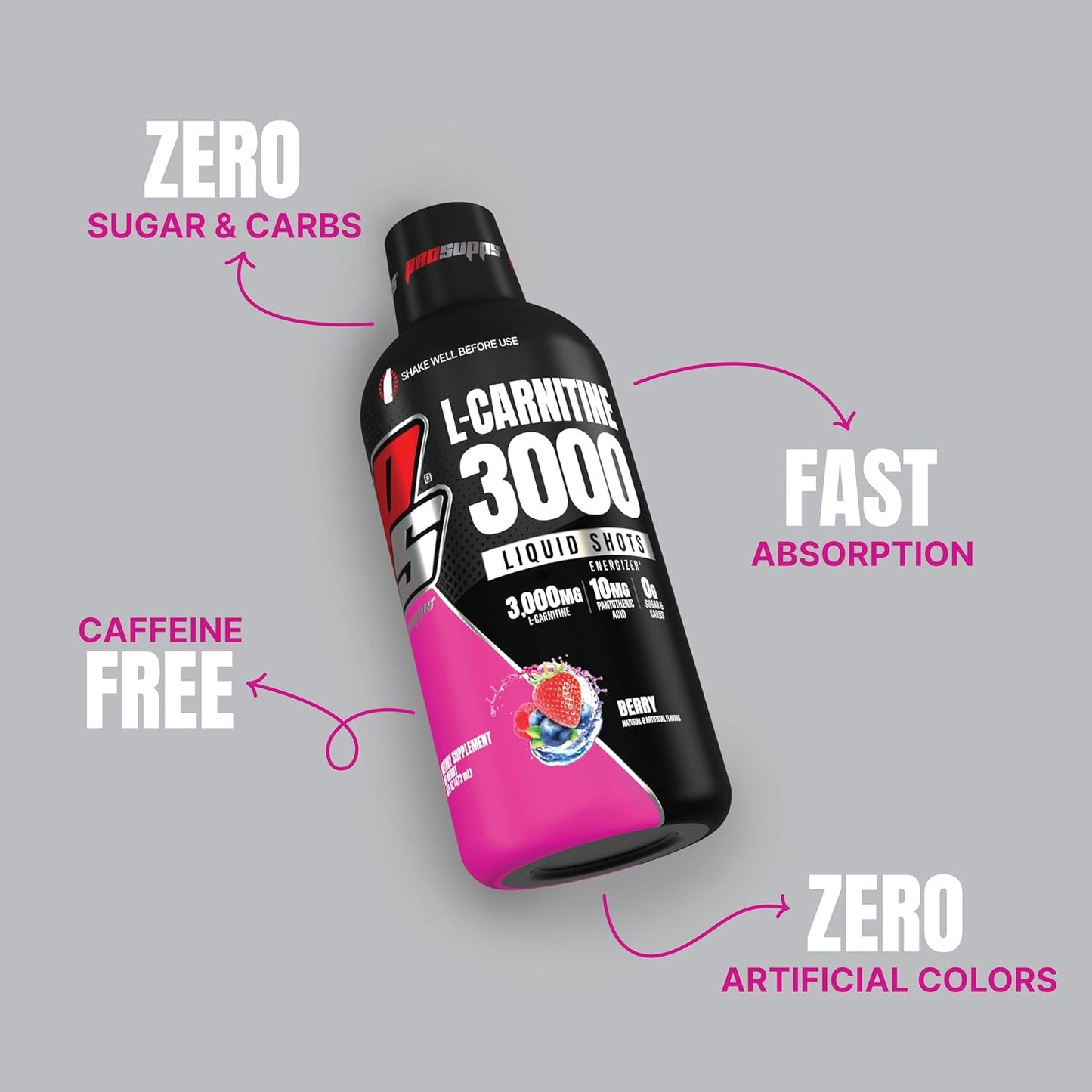 PROSUPPS L-Carnitine Liquid Shots - Stimulant-Free Workout Drink for Muscle Recovery & Performance - Clean Energy, No Sugar, No Carbs - 31 Servings, 3000 Berry Flavor