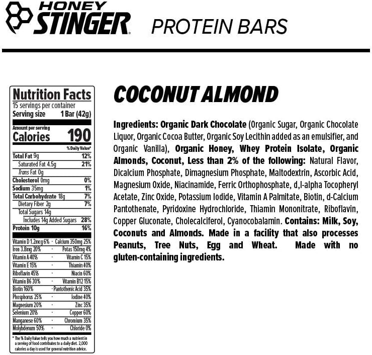 Protein-Packed Honey Stinger Coconut Almond Bars - Ideal Sports Nutrition Snack for Exercise and Performance - Box of 15