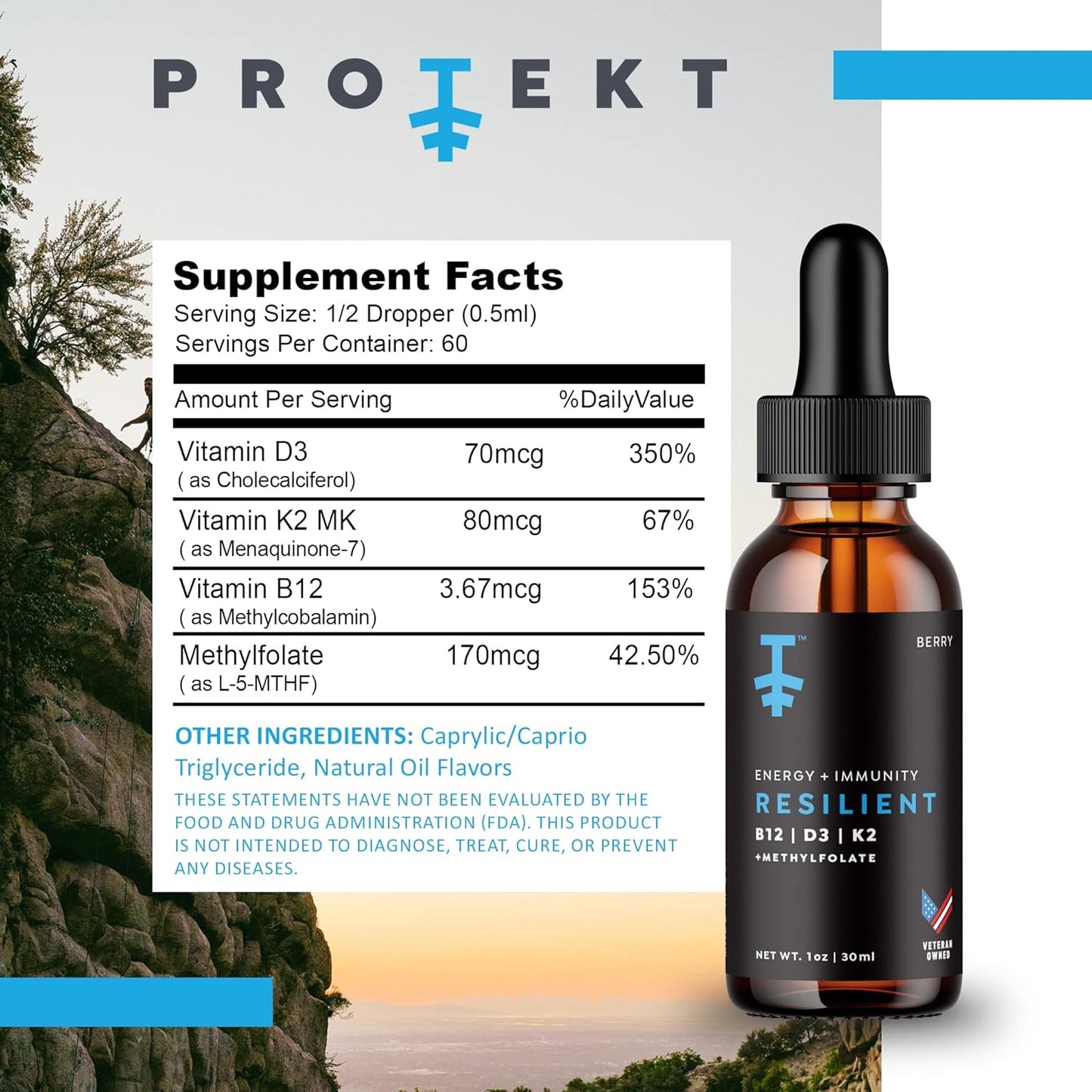 Protekt Resilient Liquid Vitamin D3 K2 B12 Drops with Methylfolate - Berry Flavored Energy & Recovery Supplement - 30mL - BoostGo Australia