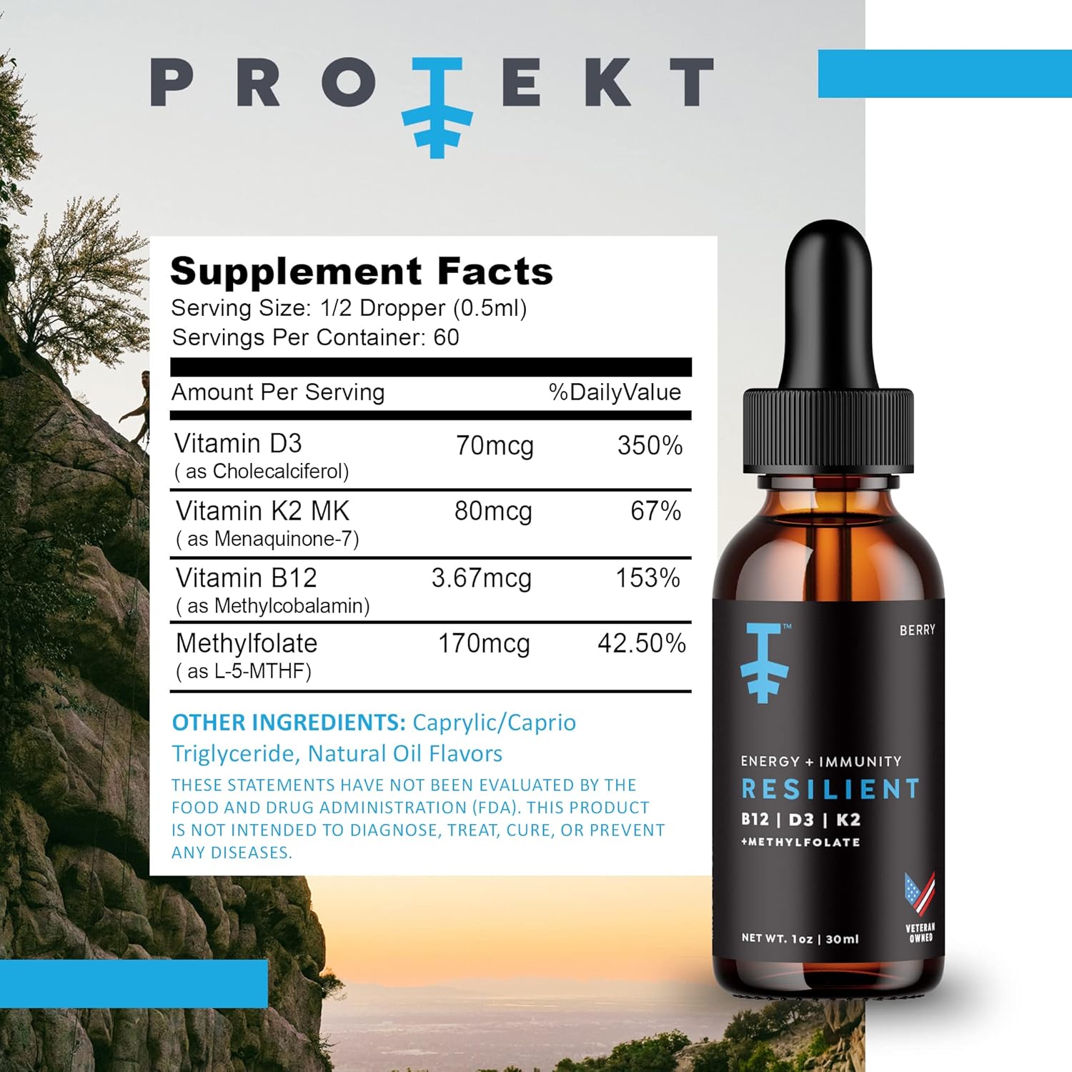 Protekt Resilient Liquid Vitamin D3 K2 B12 Drops with Methylfolate - Berry Flavored Energy & Recovery Supplement - 30mL - BoostGo Australia
