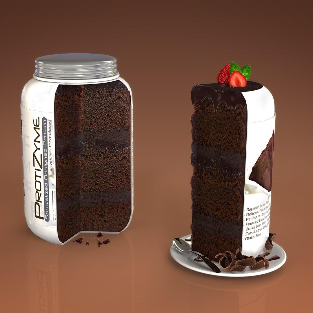 Protizyme Chocolate Cake 100% Whey Protein Powder | High Protein, Low Carb, Low Fat with Digestive Enzymes | 24 Essential Vitamins and Minerals | 2lb