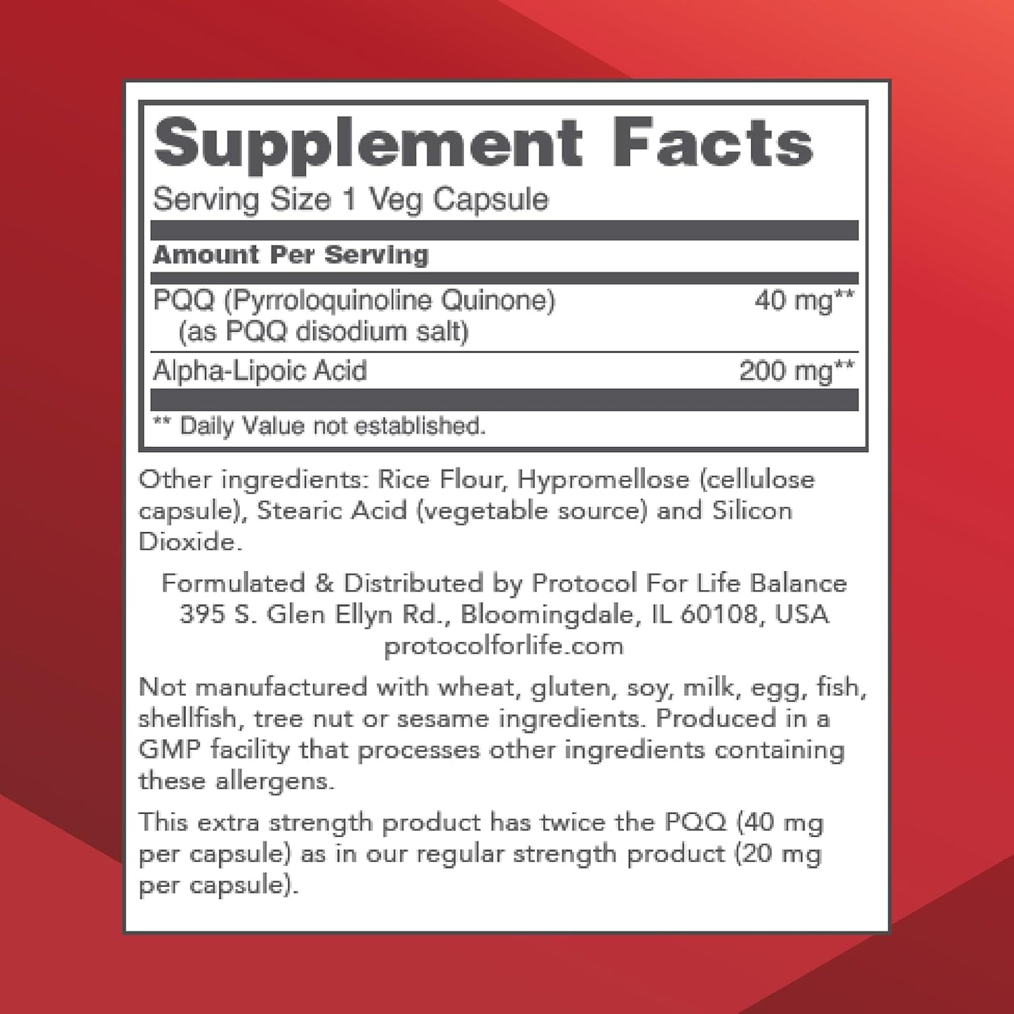 Protocol Extra Strength PQQ 40mg with Alpha-Lipoic Acid - Heart Health Supplement for Men & Women - Non-GMO & Kosher - 50 Veg Capsules