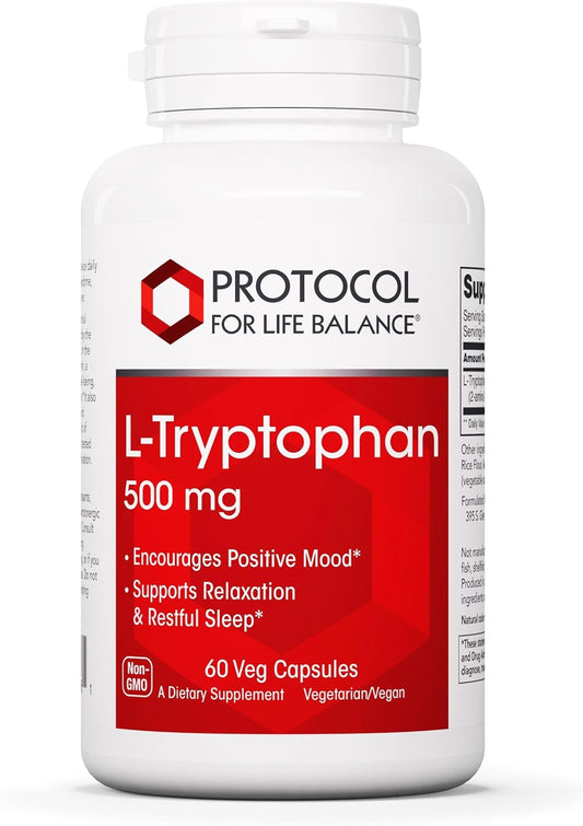 Protocol L-Tryptophan 500mg Capsules - Natural Stress Relief and Relaxation Support - 60 Vegetarian Capsules