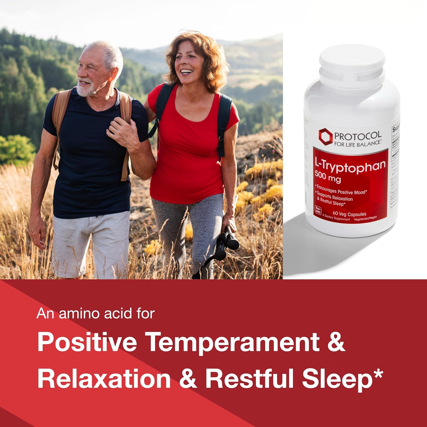 Protocol L-Tryptophan 500mg Capsules - Natural Stress Relief and Relaxation Support - 60 Vegetarian Capsules