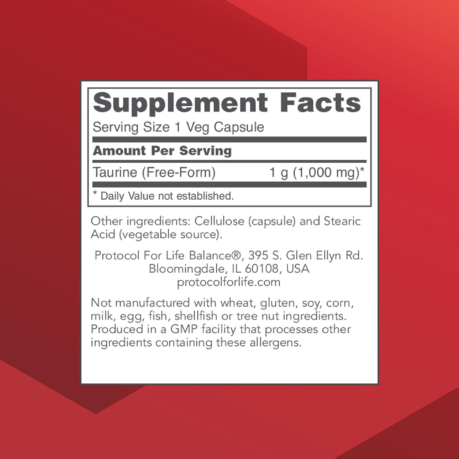 Protocol Taurine 1,000mg Capsules - Amino Acid Supplement for Muscle, Heart, Brain, and Eye Health - 100 Veg Capsules