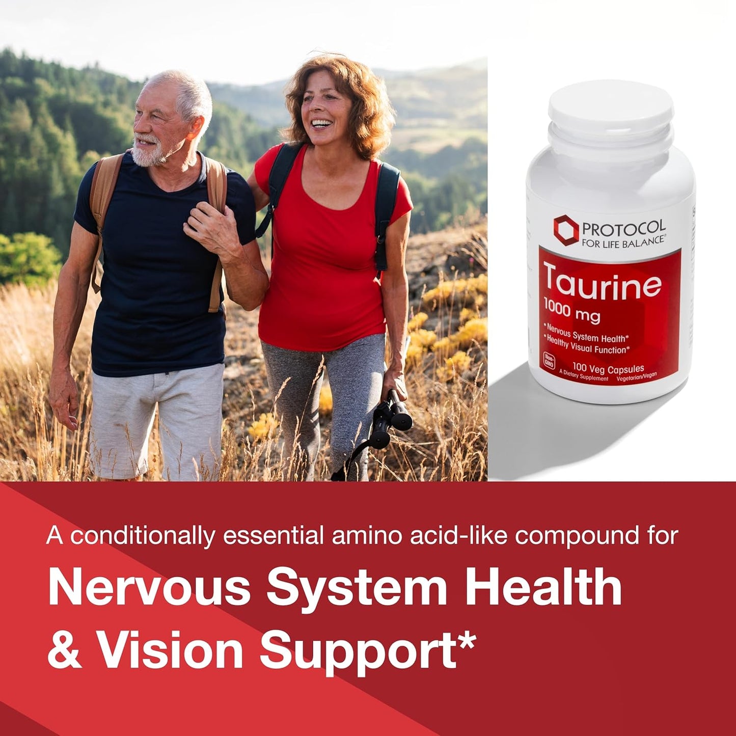 Protocol Taurine 1,000mg Capsules - Amino Acid Supplement for Muscle, Heart, Brain, and Eye Health - 100 Veg Capsules