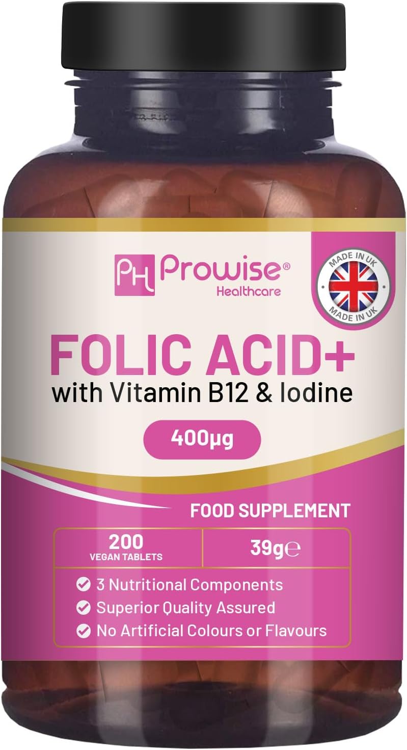 Prowise Folic Acid+ 400 mcg Vegan Tablets with Vitamin B12 & Iodine - UK Made Pregnancy Care Supplement