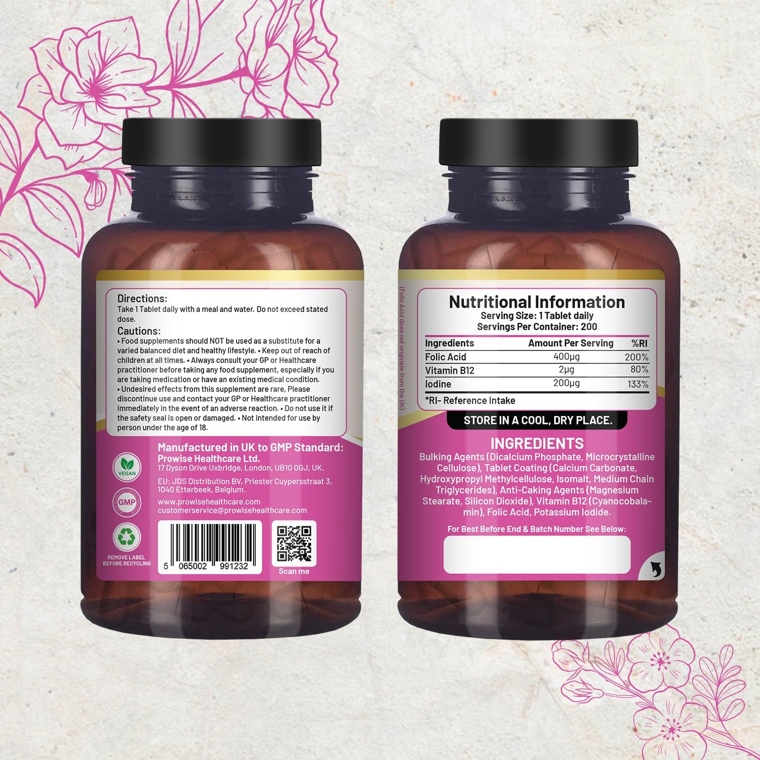 Prowise Folic Acid+ 400 mcg Vegan Tablets with Vitamin B12 & Iodine - UK Made Pregnancy Care Supplement