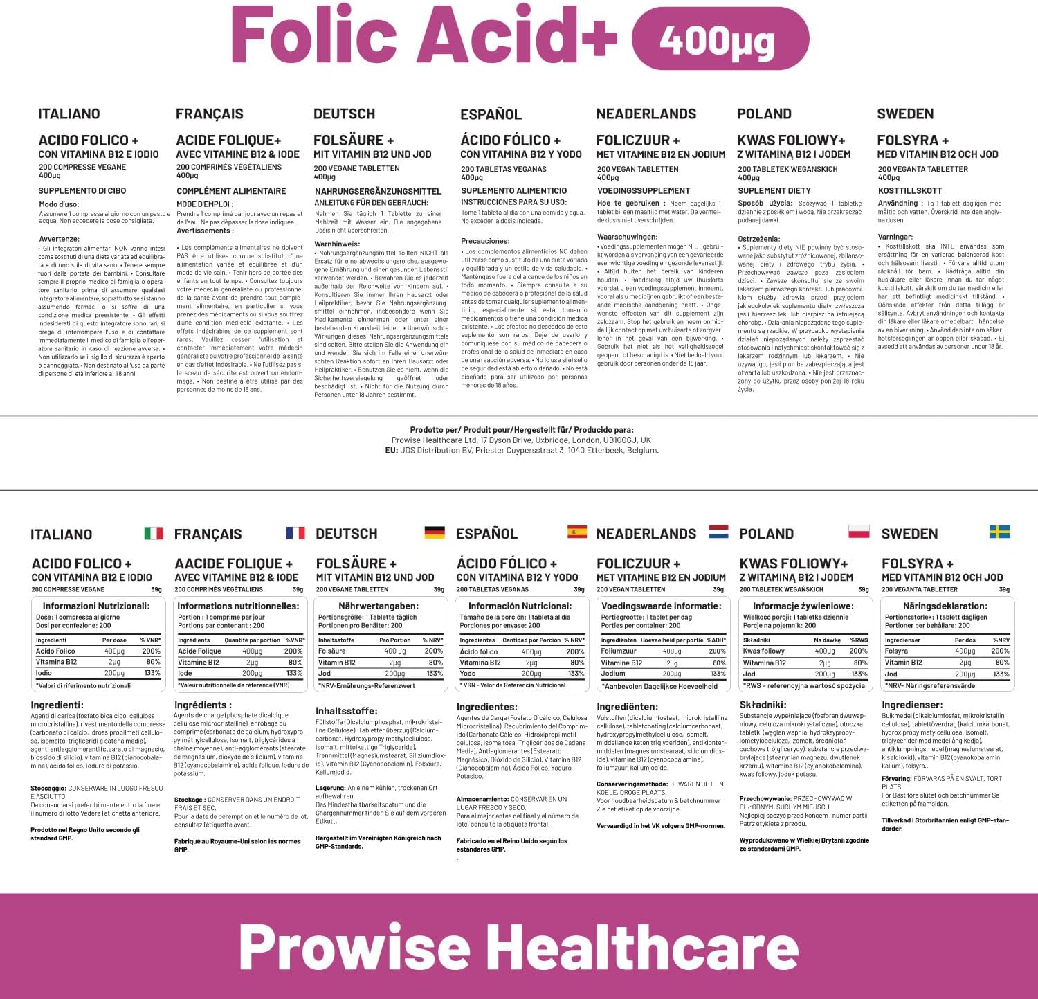 Prowise Folic Acid+ 400 mcg Vegan Tablets with Vitamin B12 & Iodine - UK Made Pregnancy Care Supplement