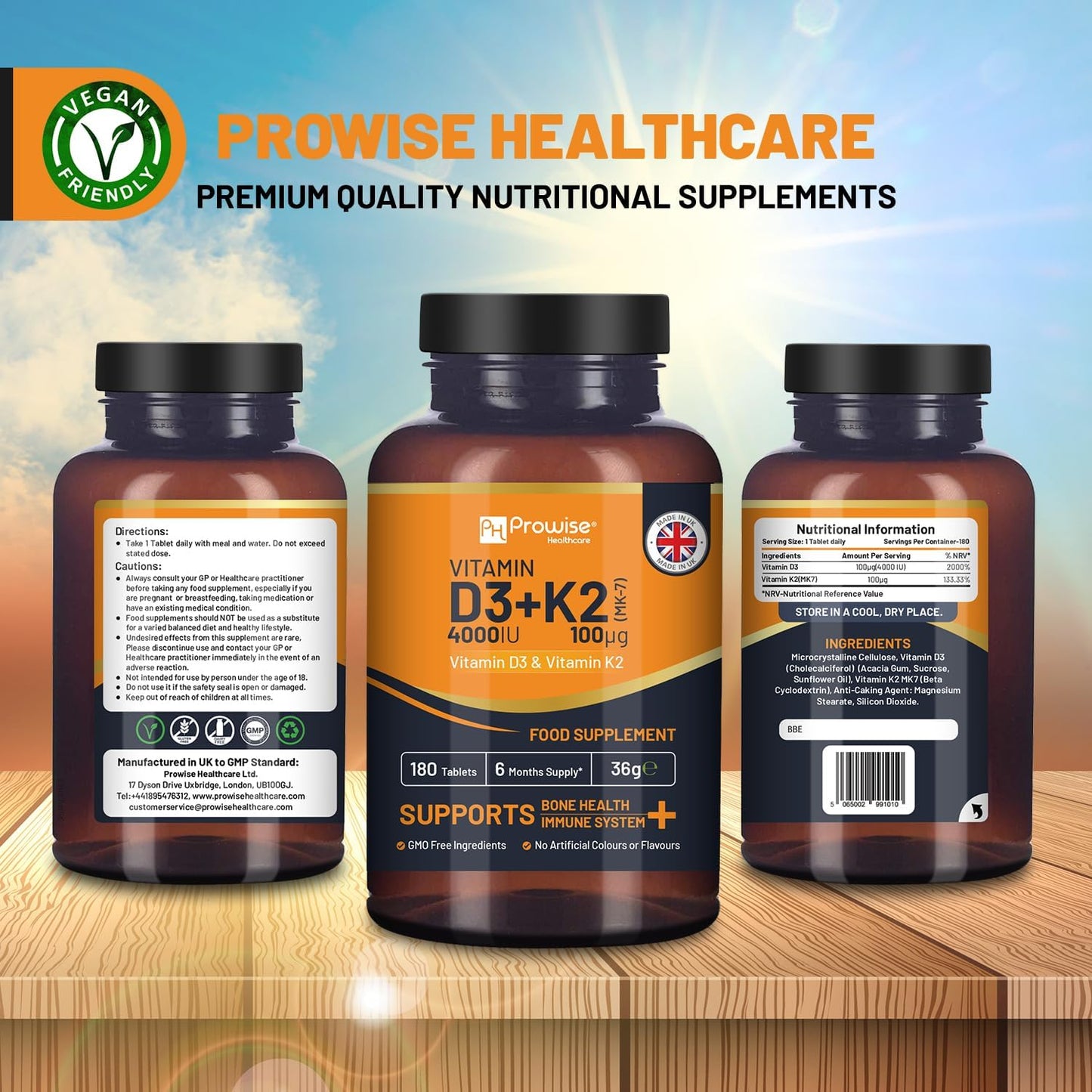 Prowise Healthcare Vitamin D3 4000IU & K2 MK7 100µg Vegetarian Tablets - 180 Tablets - Made in UK - Immune Support & Bone Health