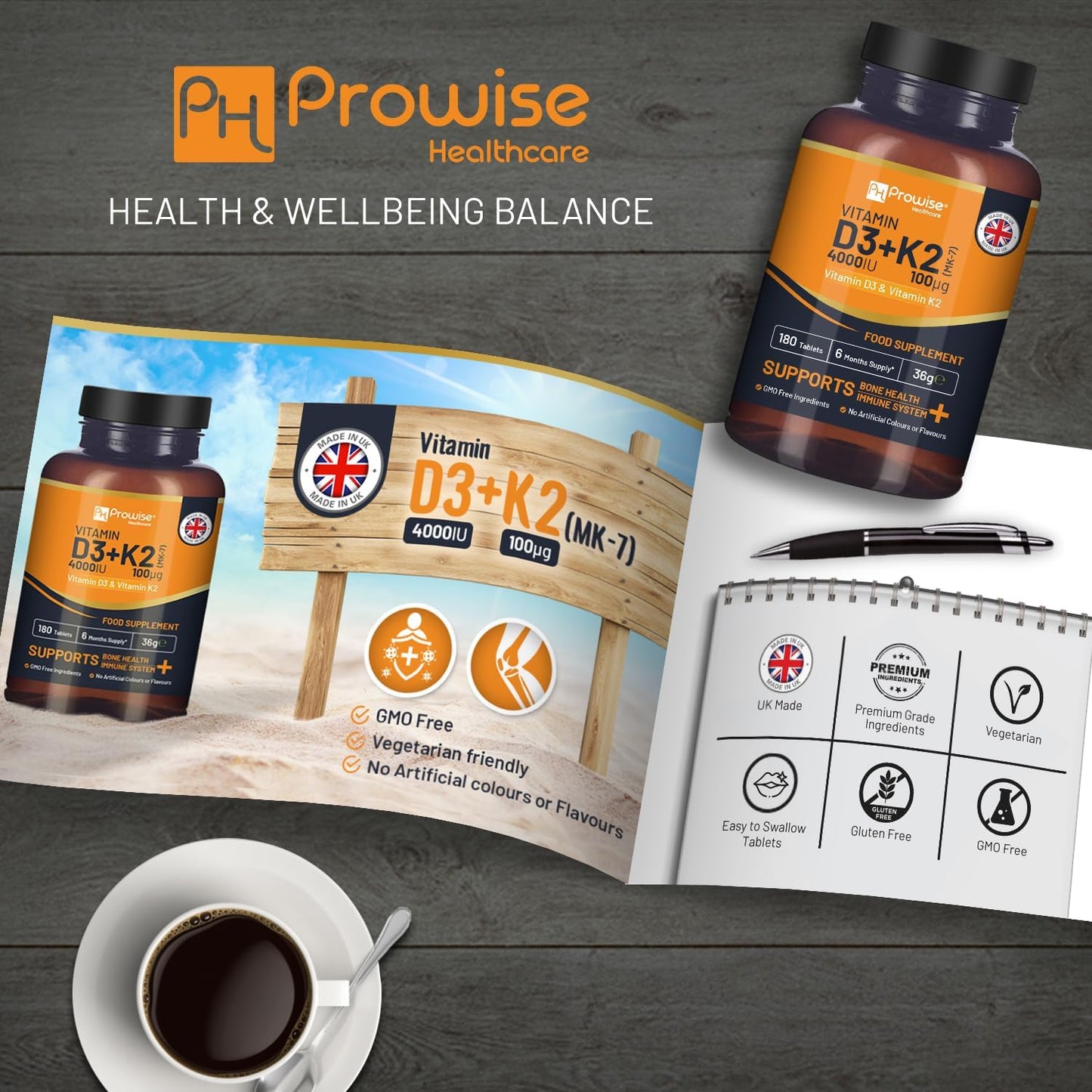 Prowise Healthcare Vitamin D3 4000IU & K2 MK7 100µg Vegetarian Tablets - 180 Tablets - Made in UK - Immune Support & Bone Health