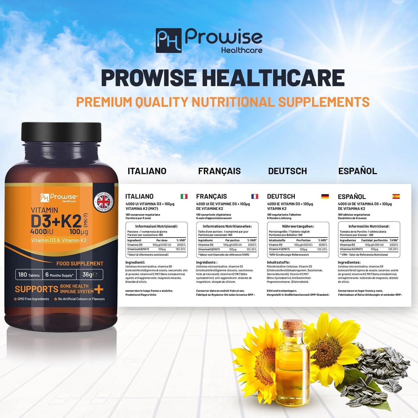 Prowise Healthcare Vitamin D3 4000IU & K2 MK7 100µg Vegetarian Tablets - 180 Tablets - Made in UK - Immune Support & Bone Health