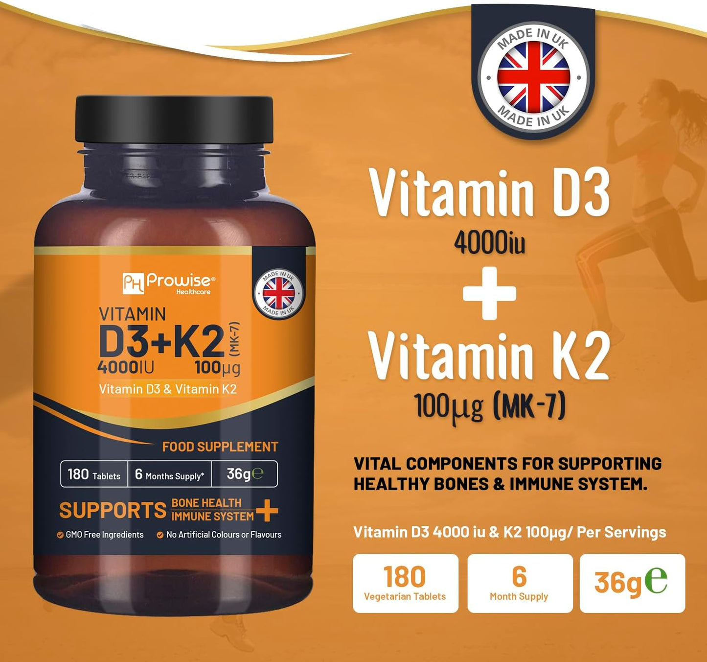 Prowise Healthcare Vitamin D3 4000IU & K2 MK7 100µg Vegetarian Tablets - 180 Tablets - Made in UK - Immune Support & Bone Health