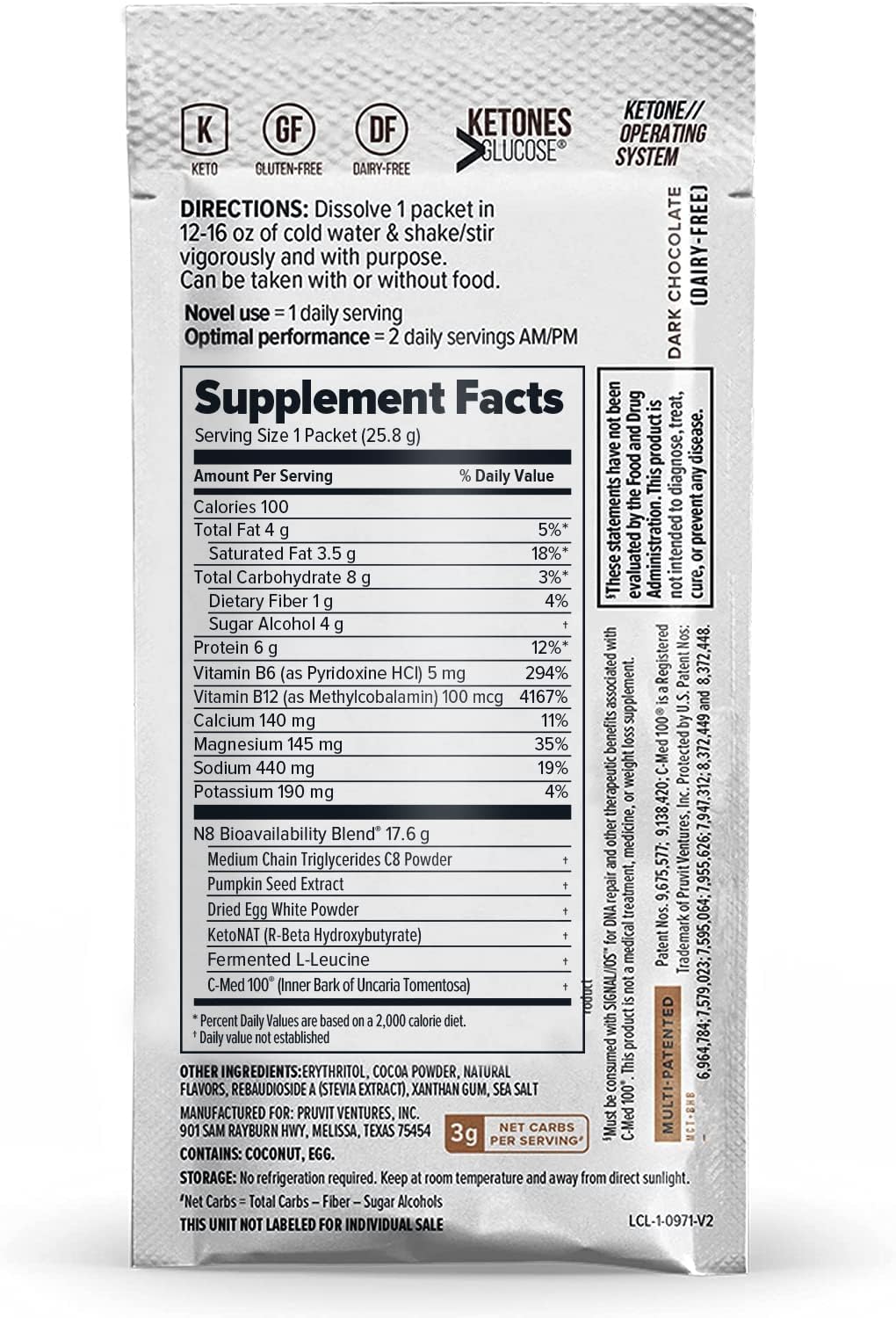 Pruvit Keto//OS Pro Dark Chocolate + MCT Ketones - Energy Boost and Anti-Aging Supplement - 20 Pack