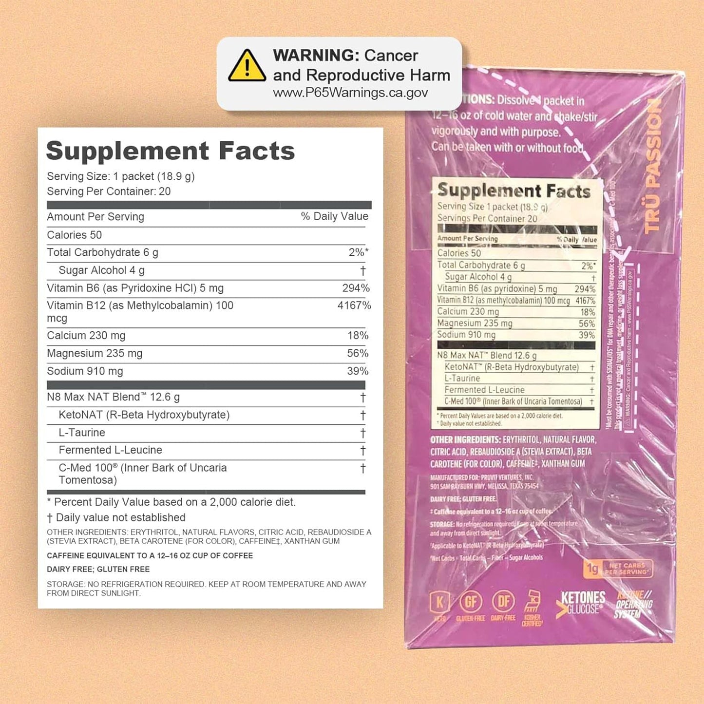 PRÜVIT Keto//OS NAT® Tru Passion Charged Exogenous Ketones - BHB Salts Workout Energy Boost Supplement for Men and Women (20 Count)