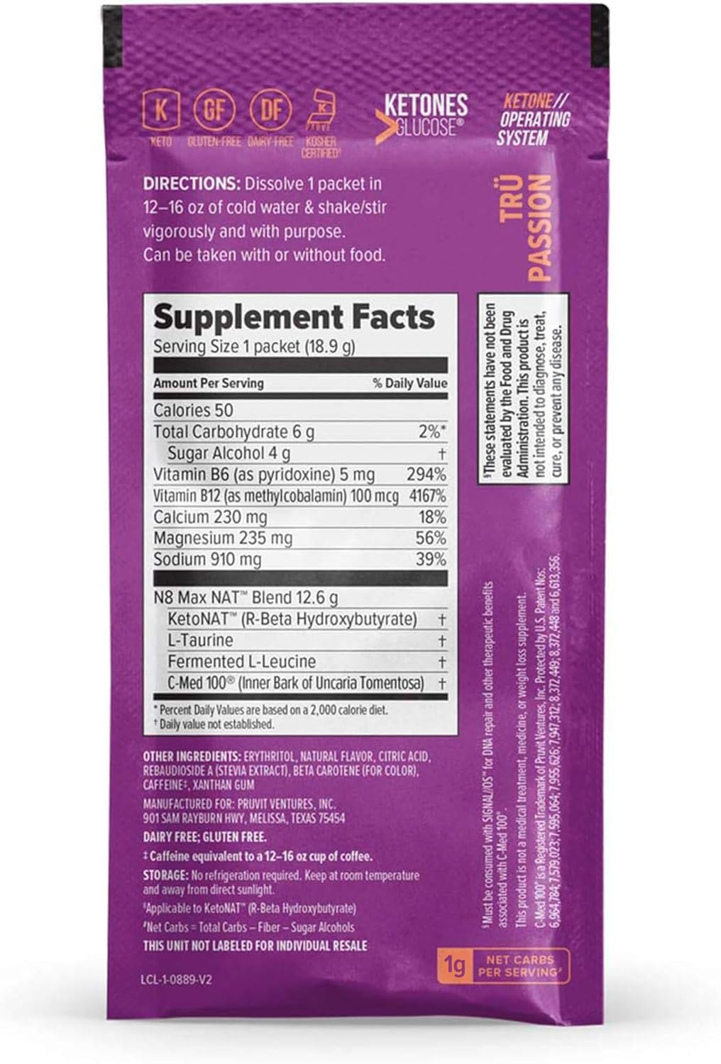 PRÜVIT Keto//OS NAT® Tru Passion Charged Exogenous Ketones - BHB Salts Workout Energy Boost Supplement for Men and Women (20 Count)