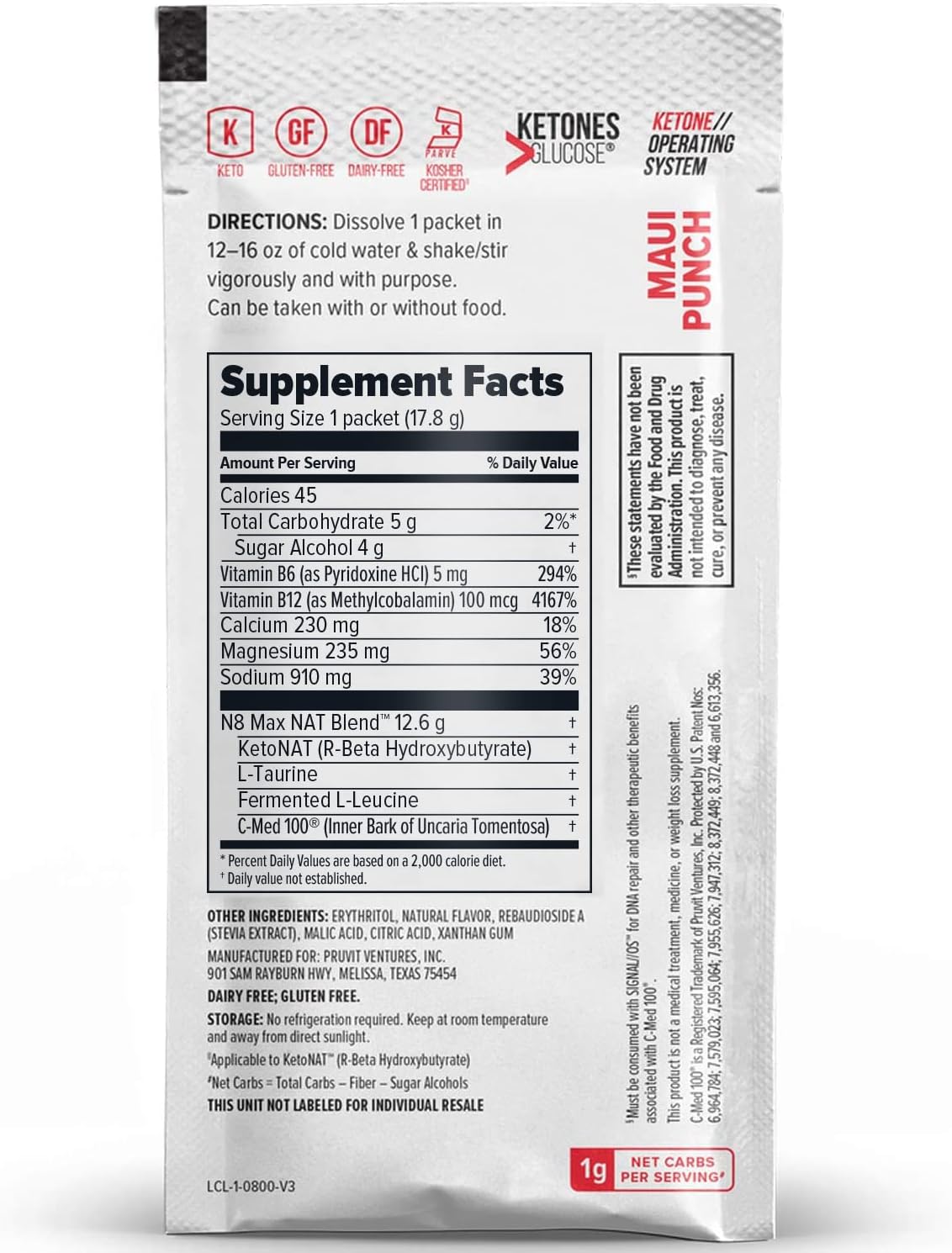 PRÜVIT OS NAT® Maui Punch Keto Supplements - Caffeine Free for Men and Women - 20 Count Pack