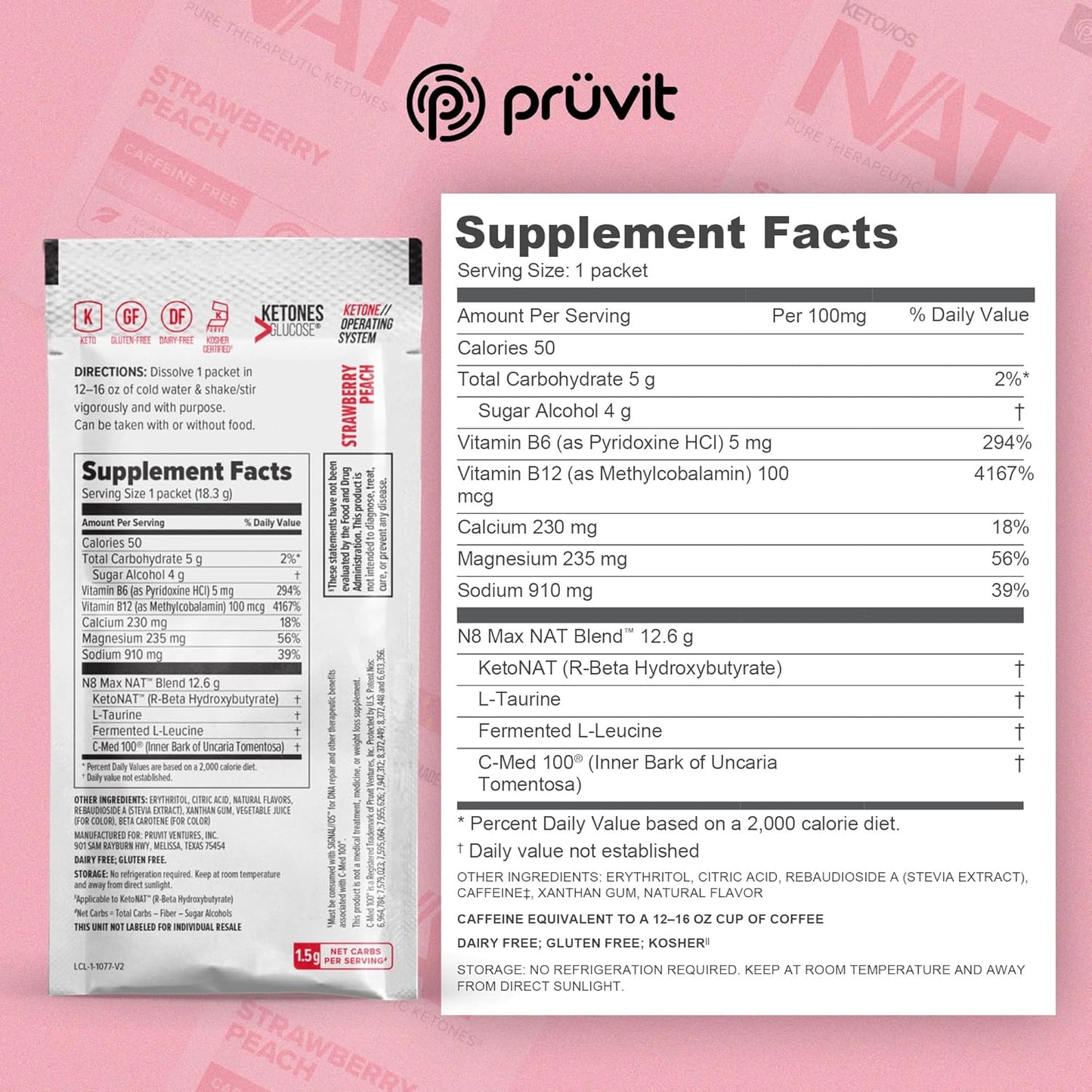 PRÜVIT OS NAT Strawberry Peach Keto Supplements - Caffeine Free for Men and Women - 20 Count Pack