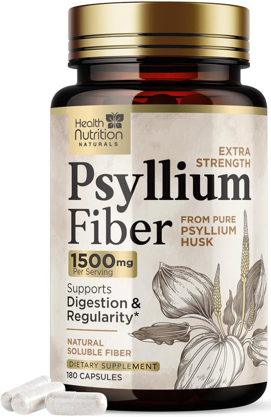 Psyllium Husk Fiber Capsules 1500mg - Daily Digestive Health Support - Natural Plant Based Soluble Fiber Supplement - Non-GMO - 180 Capsules - BoostGo Australia