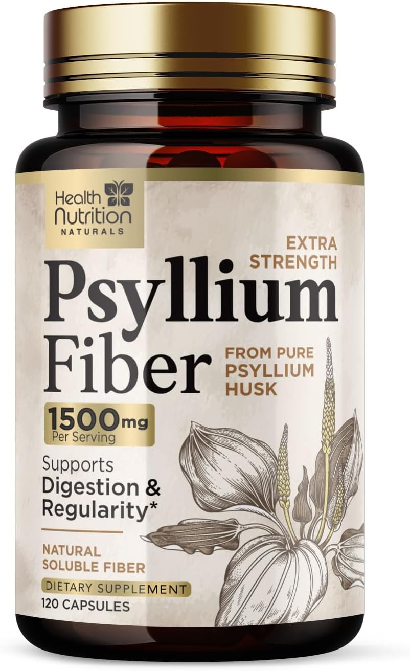 Psyllium Husk Fiber Capsules 1500mg - Natural Daily Fiber Pills for Digestive Health & Regularity - Non-GMO Plant-Based Soluble Fiber Supplement - 120 Capsules