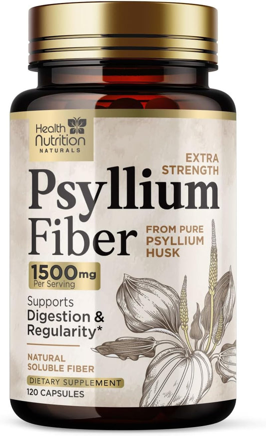 Psyllium Husk Fiber Capsules 1500mg - Natural Daily Fiber Pills for Digestive Health & Regularity - Non-GMO Plant-Based Soluble Fiber Supplement - 120 Capsules