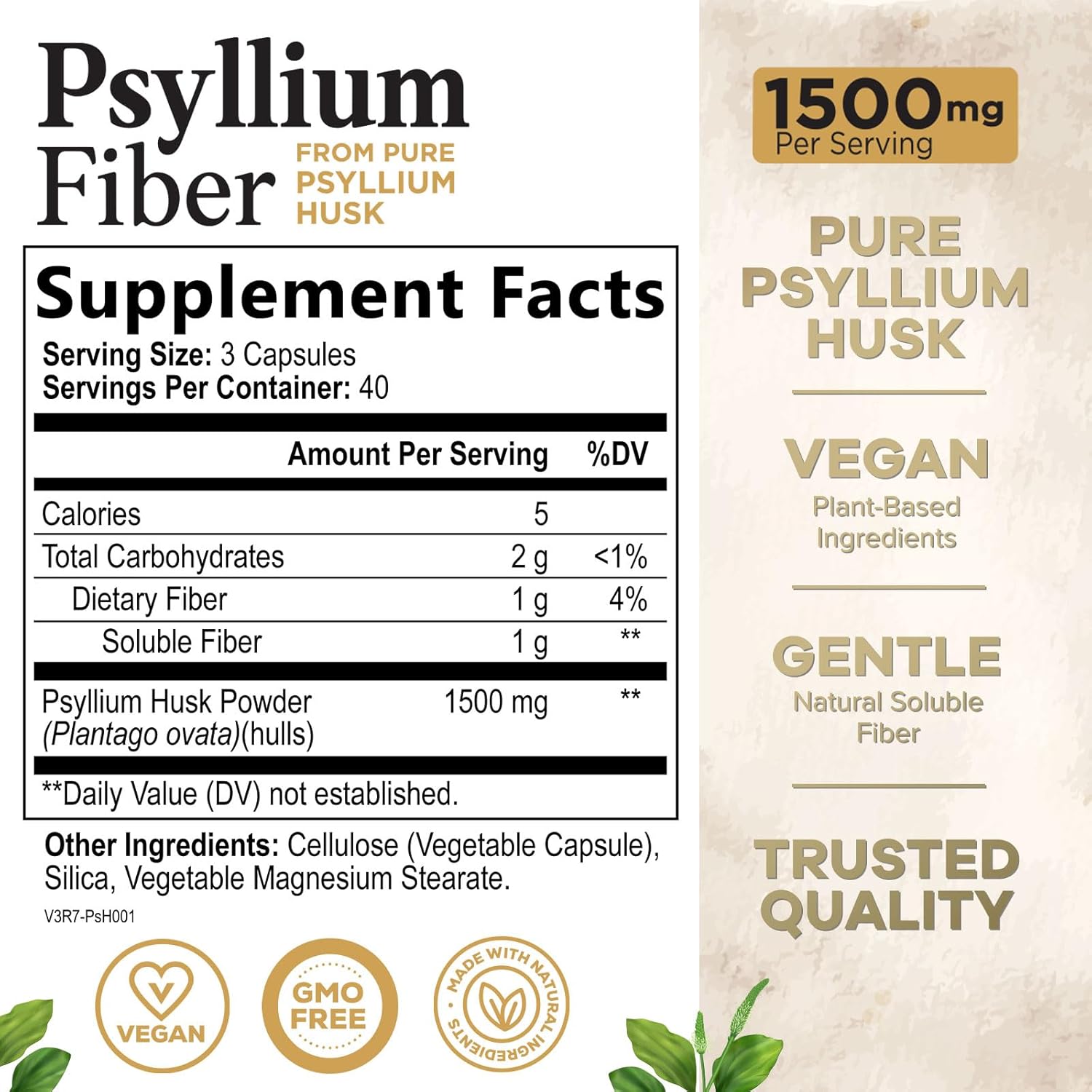 Psyllium Husk Fiber Capsules 1500mg - Natural Daily Fiber Pills for Digestive Health & Regularity - Non-GMO Plant-Based Soluble Fiber Supplement - 120 Capsules