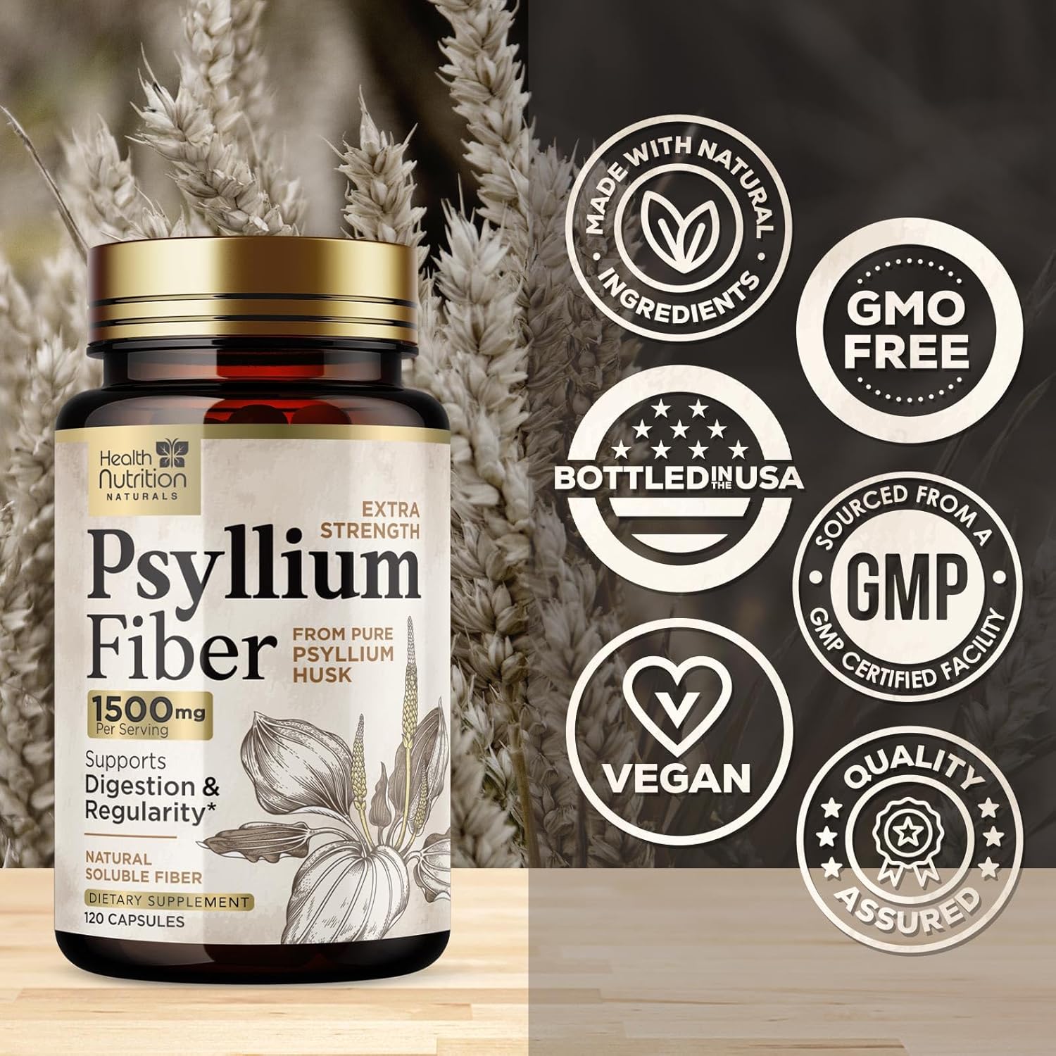 Psyllium Husk Fiber Capsules 1500mg - Natural Daily Fiber Pills for Digestive Health & Regularity - Non-GMO Plant-Based Soluble Fiber Supplement - 120 Capsules