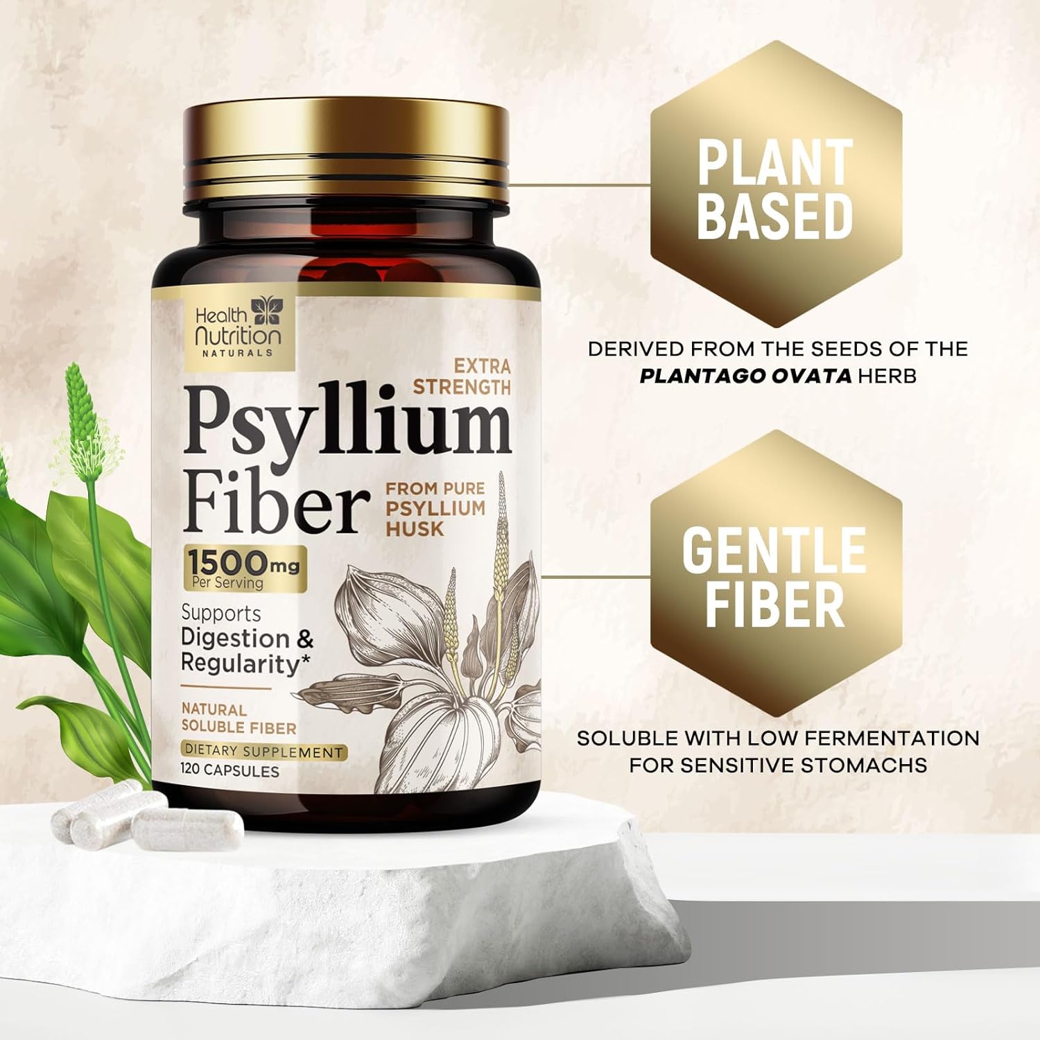 Psyllium Husk Fiber Capsules 1500mg - Natural Daily Fiber Pills for Digestive Health & Regularity - Non-GMO Plant-Based Soluble Fiber Supplement - 120 Capsules