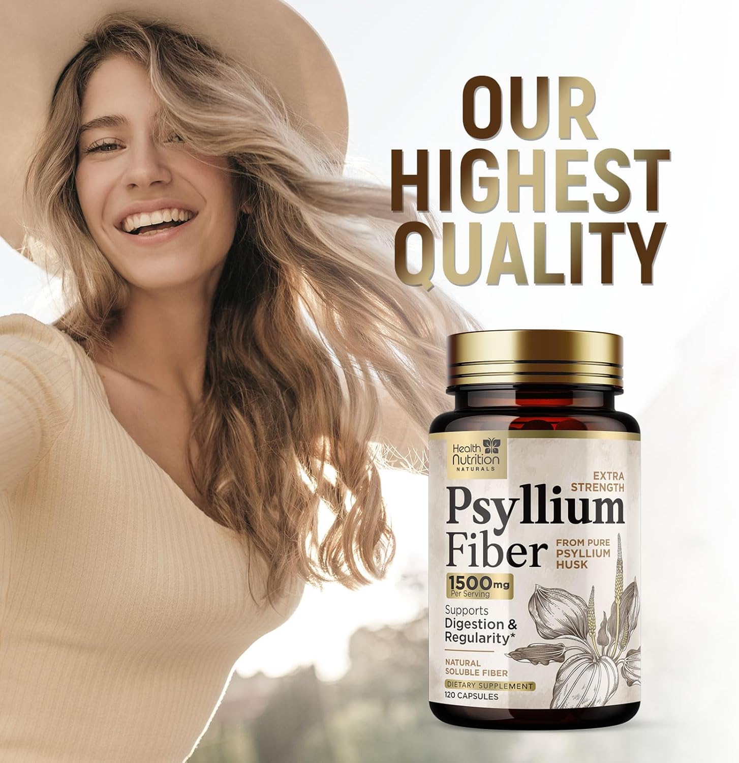 Psyllium Husk Fiber Capsules 1500mg - Natural Daily Fiber Pills for Digestive Health & Regularity - Non-GMO Plant-Based Soluble Fiber Supplement - 120 Capsules
