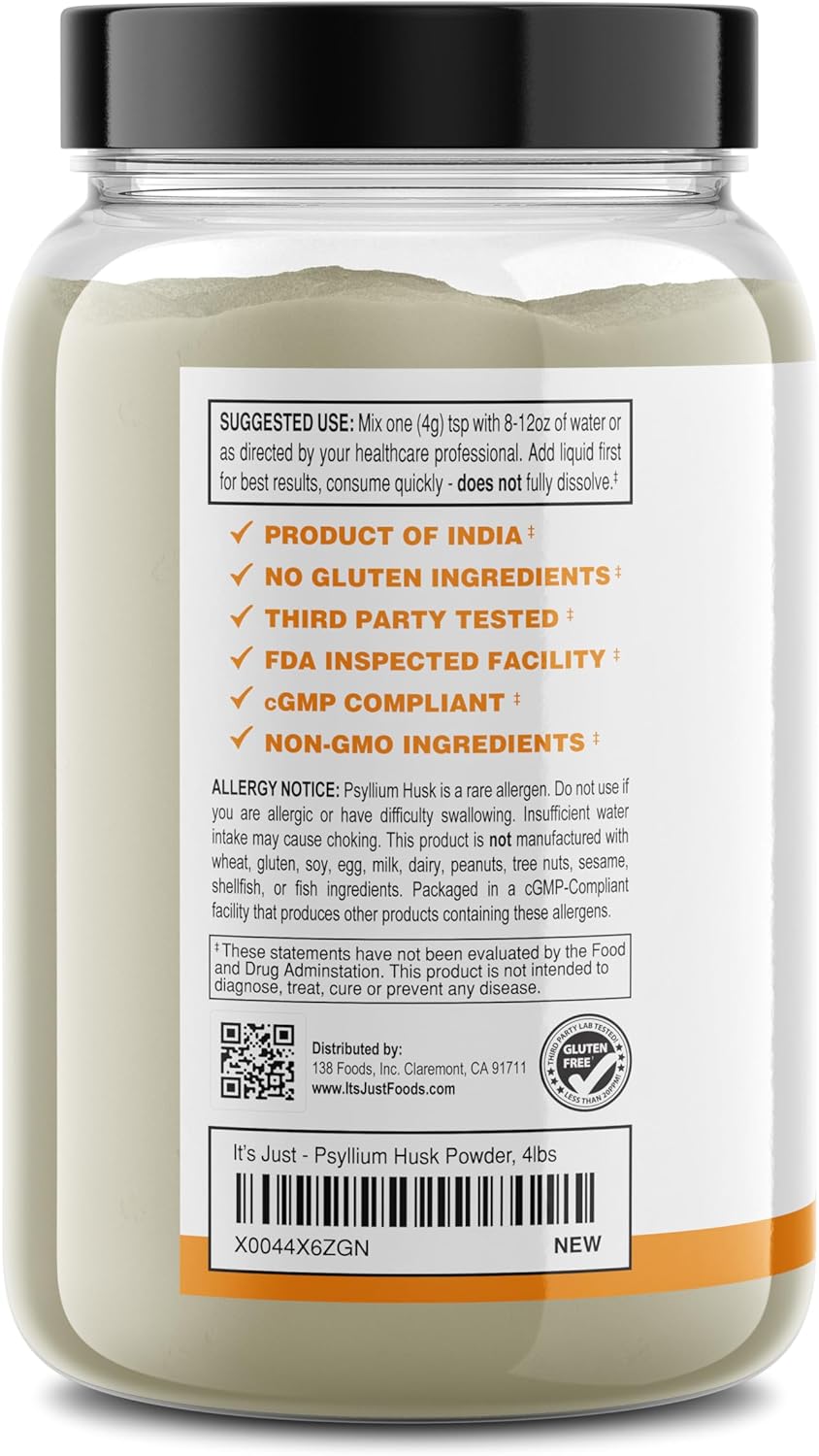 Psyllium Husk Powder - Easy Mixing Dietary Fiber for Digestive Health, Finely Ground for Keto Baking, Non-GMO, 4lb Pack