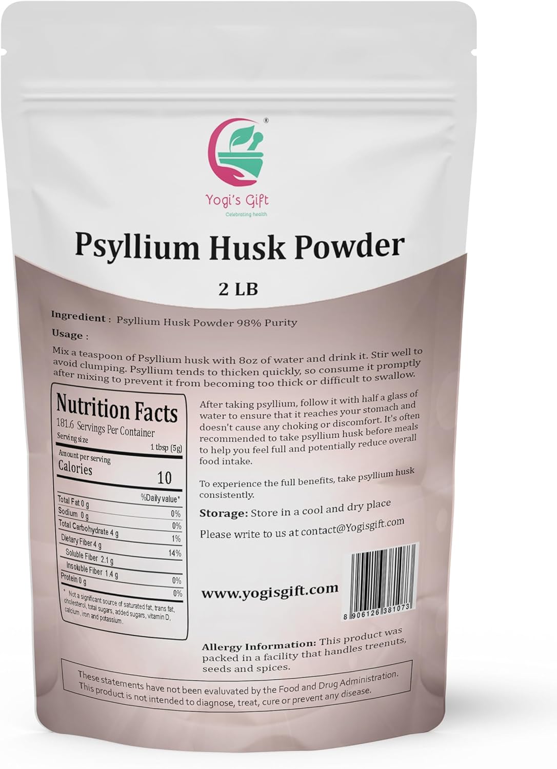 Psyllium Husk Powder 2 lb by Yogi's Giftยฎ - 98% Purity, Premium Quality, 100% Natural Fine Ground, Non GMO - Ideal for Baking, Cooking, and Beverages