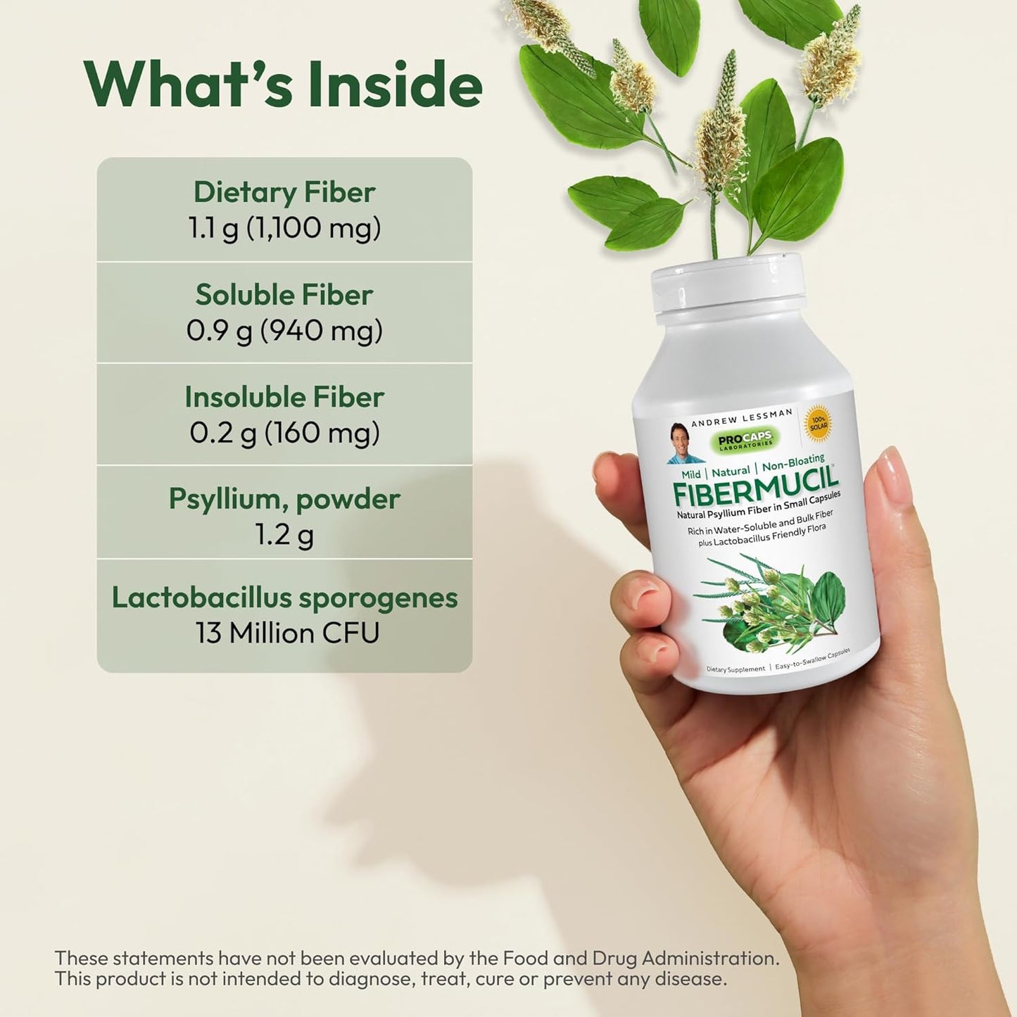 Psyllium Husk Powder Capsules - Gentle Fiber Supplement for Digestive Health -180 Count