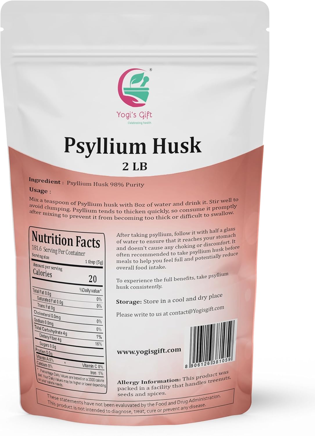 Psyllium Husk Whole 2 Lb - 98% Purity Soluble Fiber Supplement - Keto Friendly - Unflavored, Fine Ground - Ideal for Smoothies, Cooking, and Baking - 100% Natural, Non GMO by Yogi's Giftยฎ
