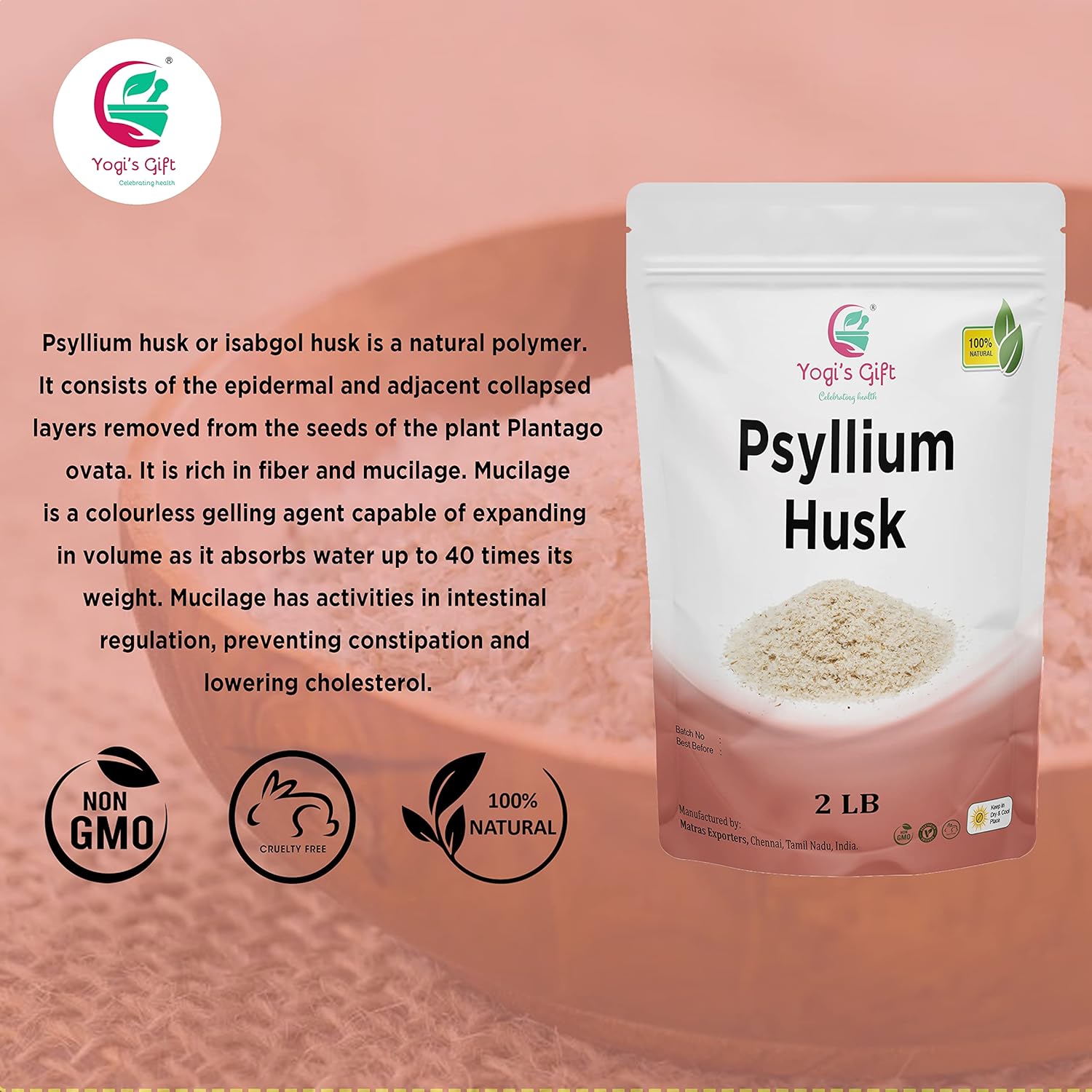 Psyllium Husk Whole 2 Lb - 98% Purity Soluble Fiber Supplement - Keto Friendly - Unflavored, Fine Ground - Ideal for Smoothies, Cooking, and Baking - 100% Natural, Non GMO by Yogi's Giftยฎ