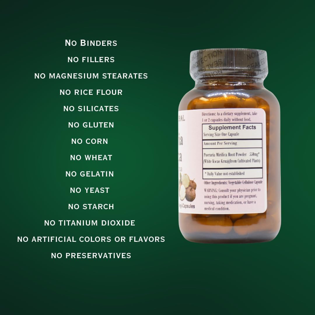 Pueraria Mirifica Capsules 550mg | Promotes Natural Beauty, Skin Elasticity, & Hair Health | 60 Veggie Caps | Non-GMO | Stearate-Free