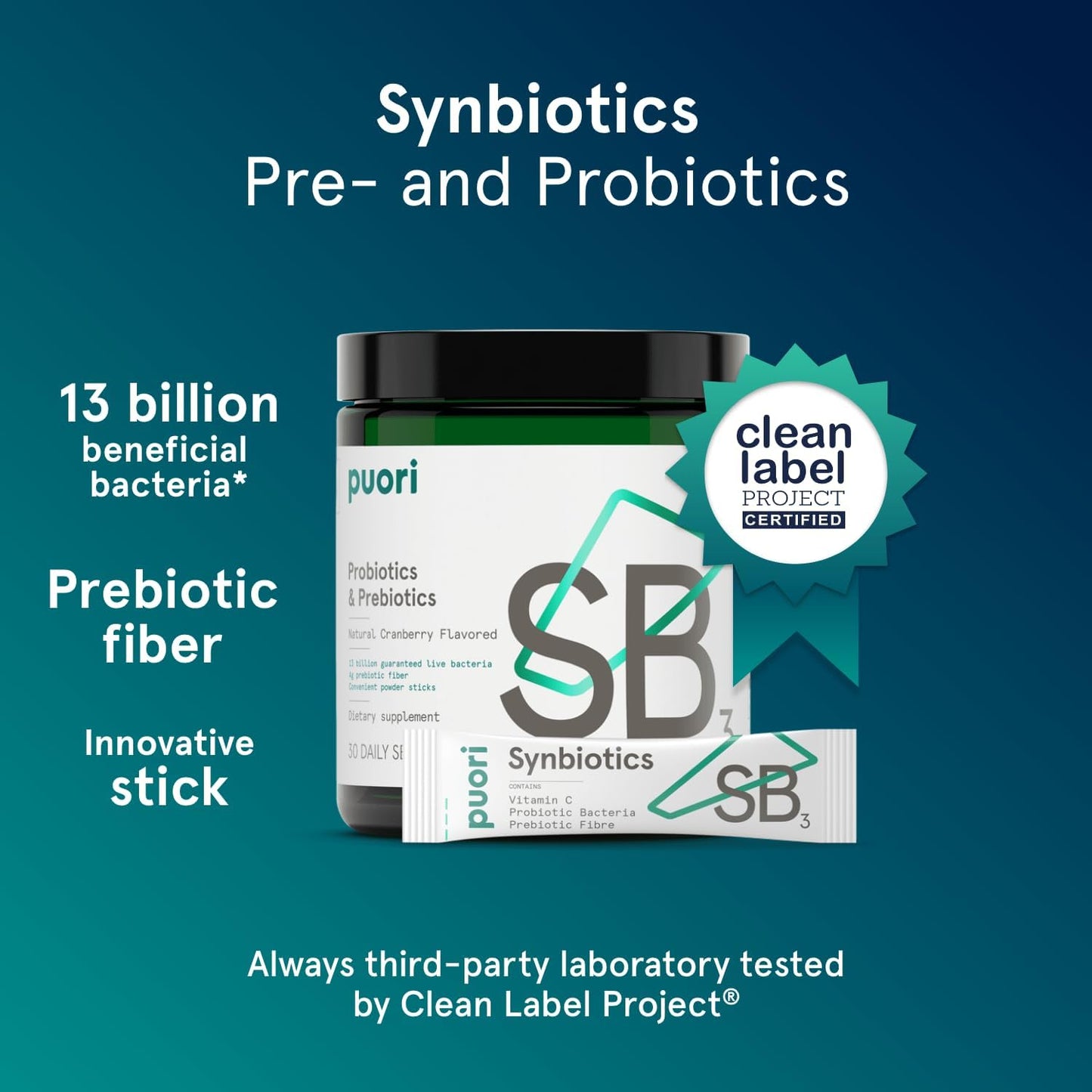Puori Probiotics & Prebiotics Supplement - 13 Billion CFU, 30 Servings - Immune & Digestive Support - Fiber 4g, Vitamin C 200mg - SB3 Bifidobacterium, Lactobacillus Fermentum